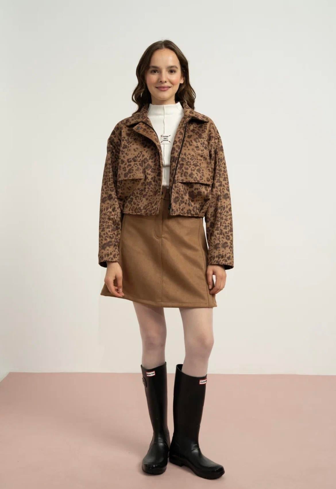 SÜET LEOPAR DESEN OVERSİZE CEKET VİZON