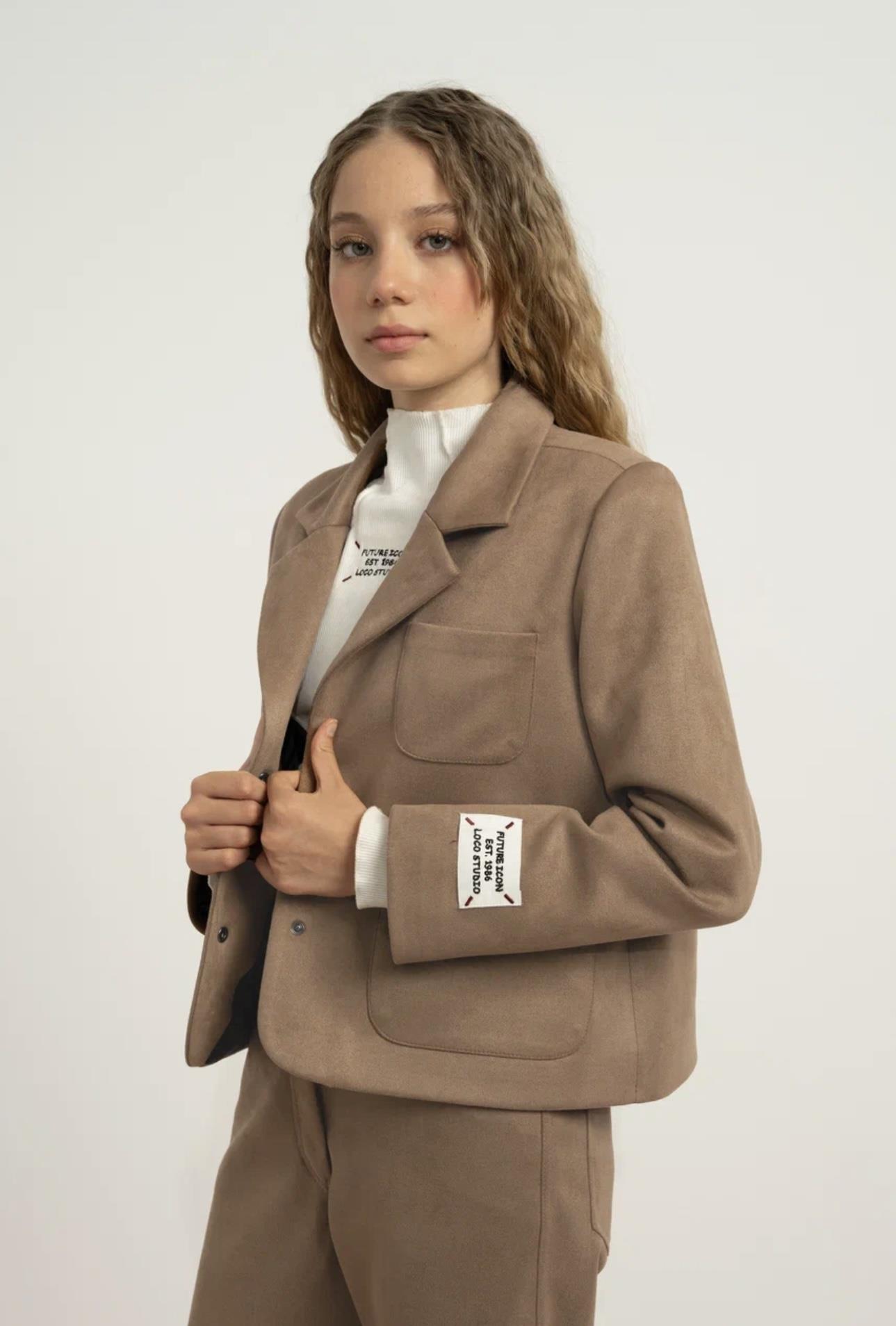 SÜET MİNİ KIZ ÇOCUK BLAZER CEKET TABA 