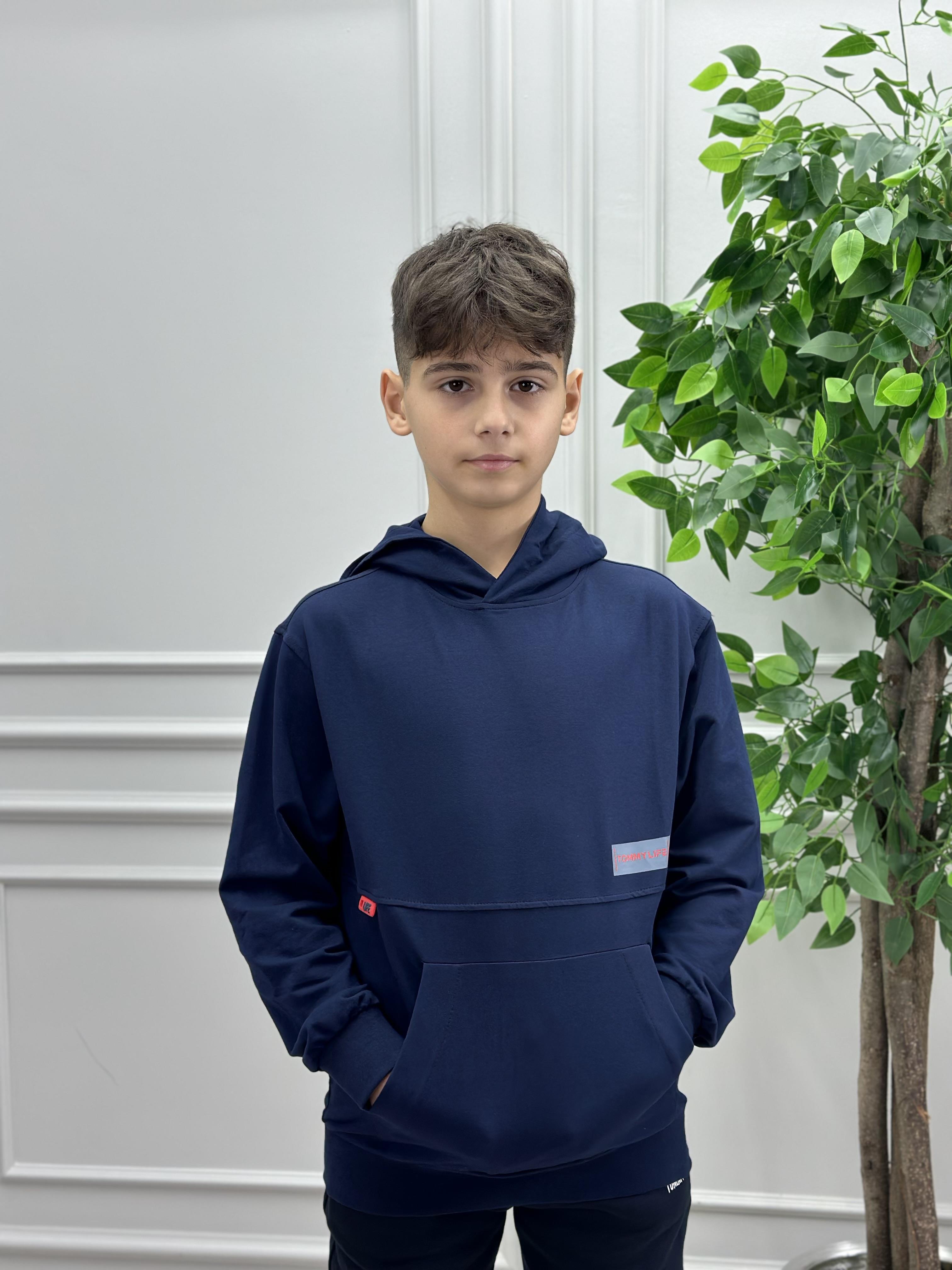 TOMMY LİFE LOGOLU LACİVERT KAPÜŞONLU SWEATHİRT