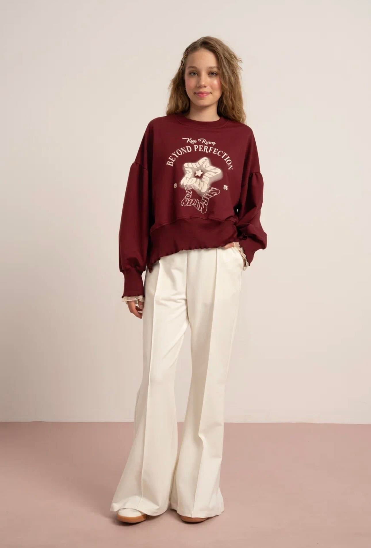 YILDIZ BASKILI ALT FİTİLLİ İKİ İPLİK SWEATSHİRT BORDO