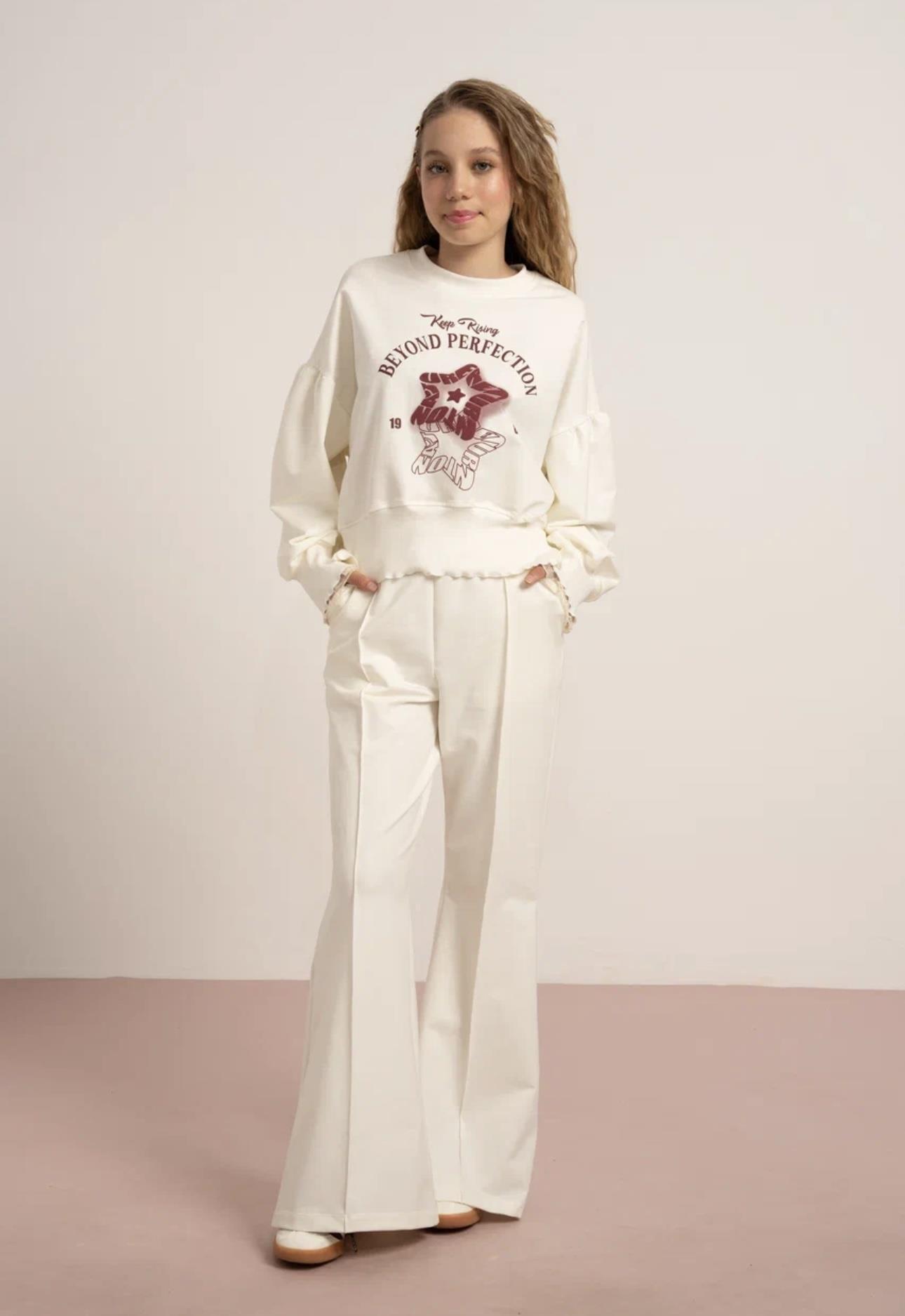 YILDIZ BASKILI ALT FİTİLLİ İKİ İPLİK SWEATSHİRT EKRU