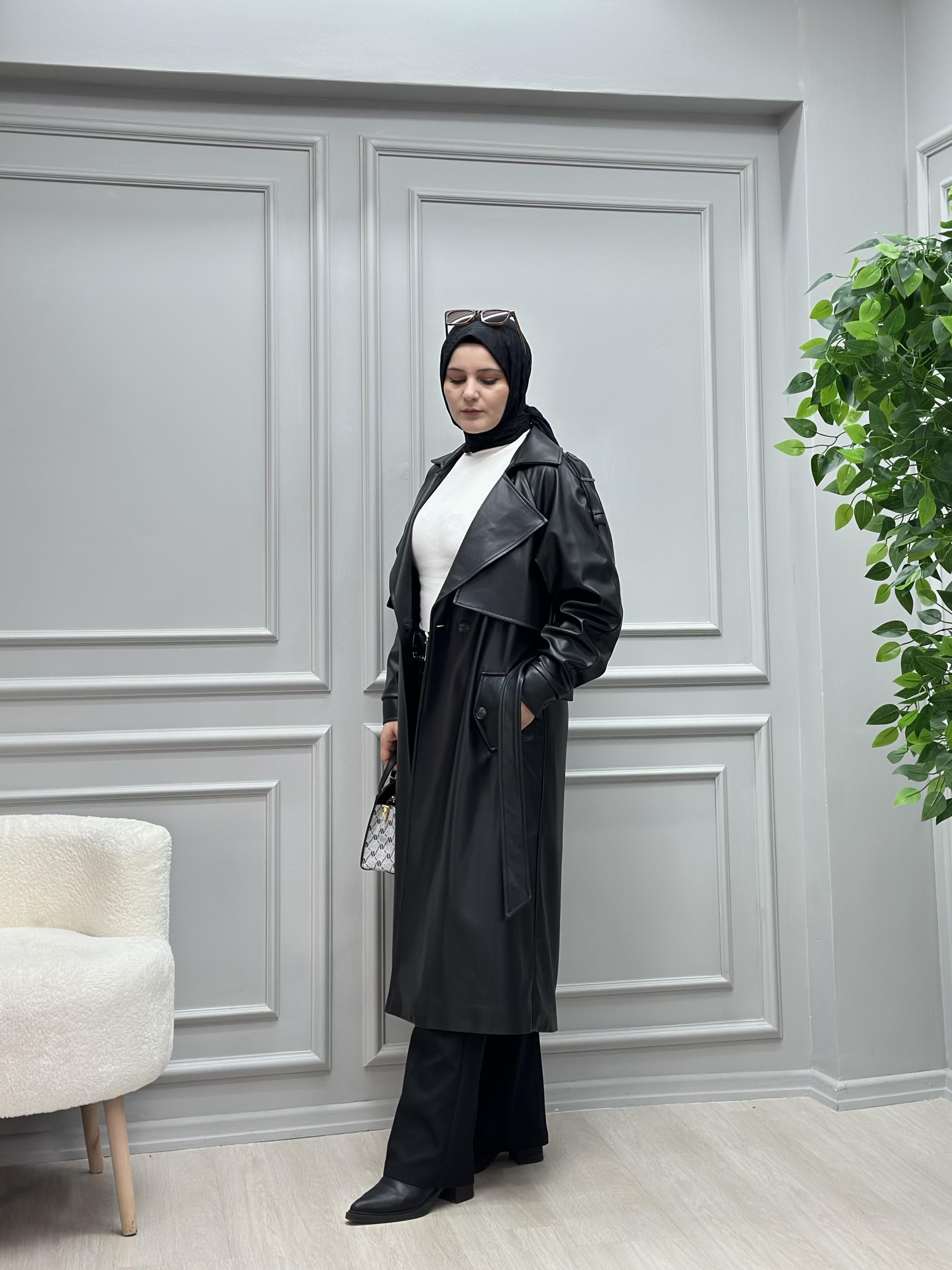 ASTARLI DERİ TRENÇKOT 