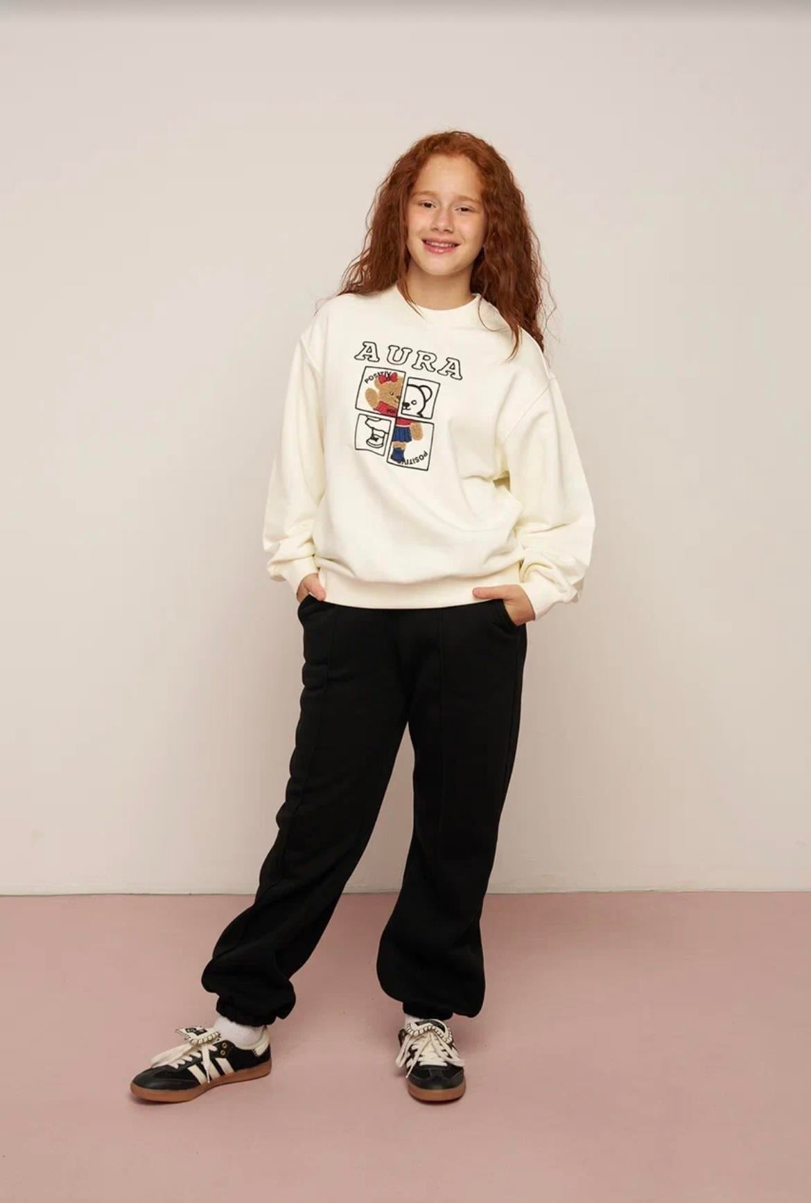 AYICIK BASKILI 3 İPLİK TRAŞLI  SWEAT EKRU