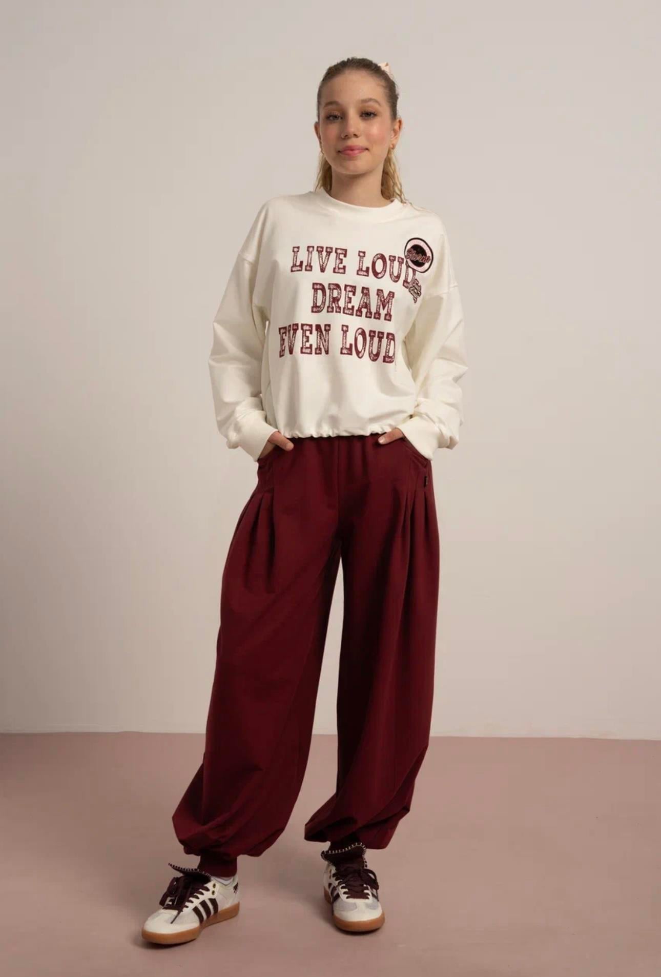 BELDEN AYARLANABİLİR OVERSİZE SWEATSHİRT EKRU-BORDO