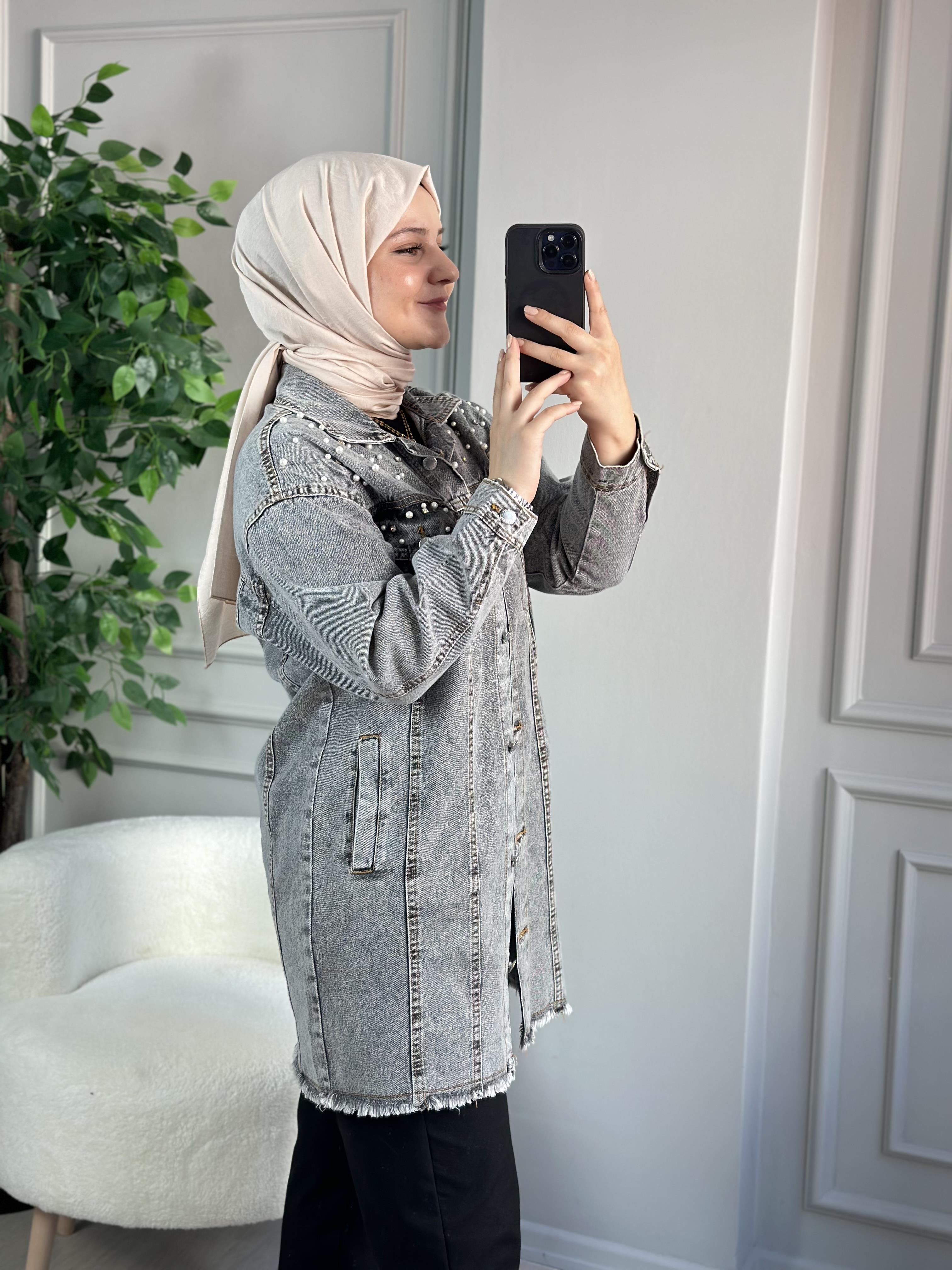 İNCİ İŞLEMELİ KOT CEKET