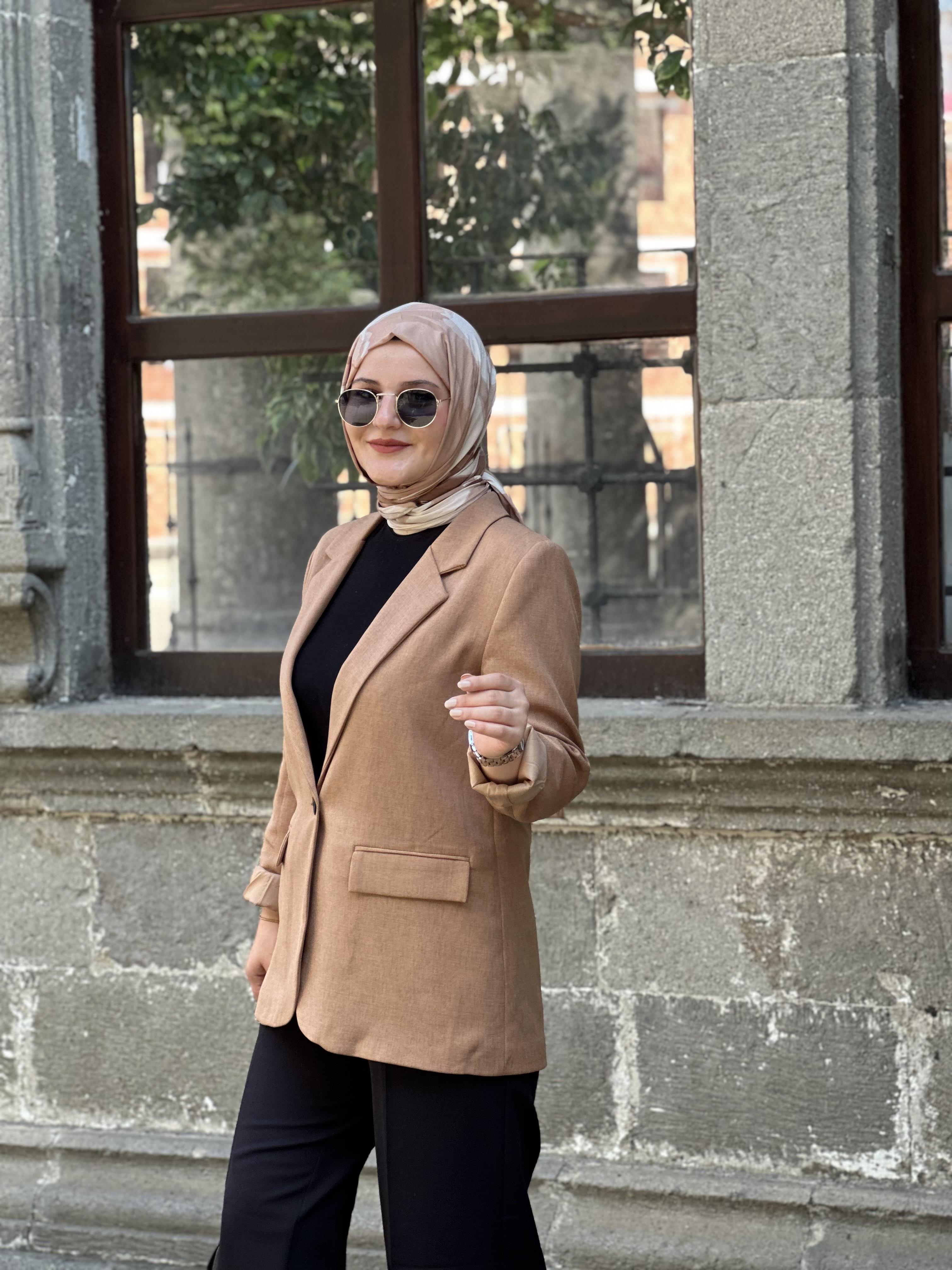 KAHVERENGİ KETEN BLAZER CEKET