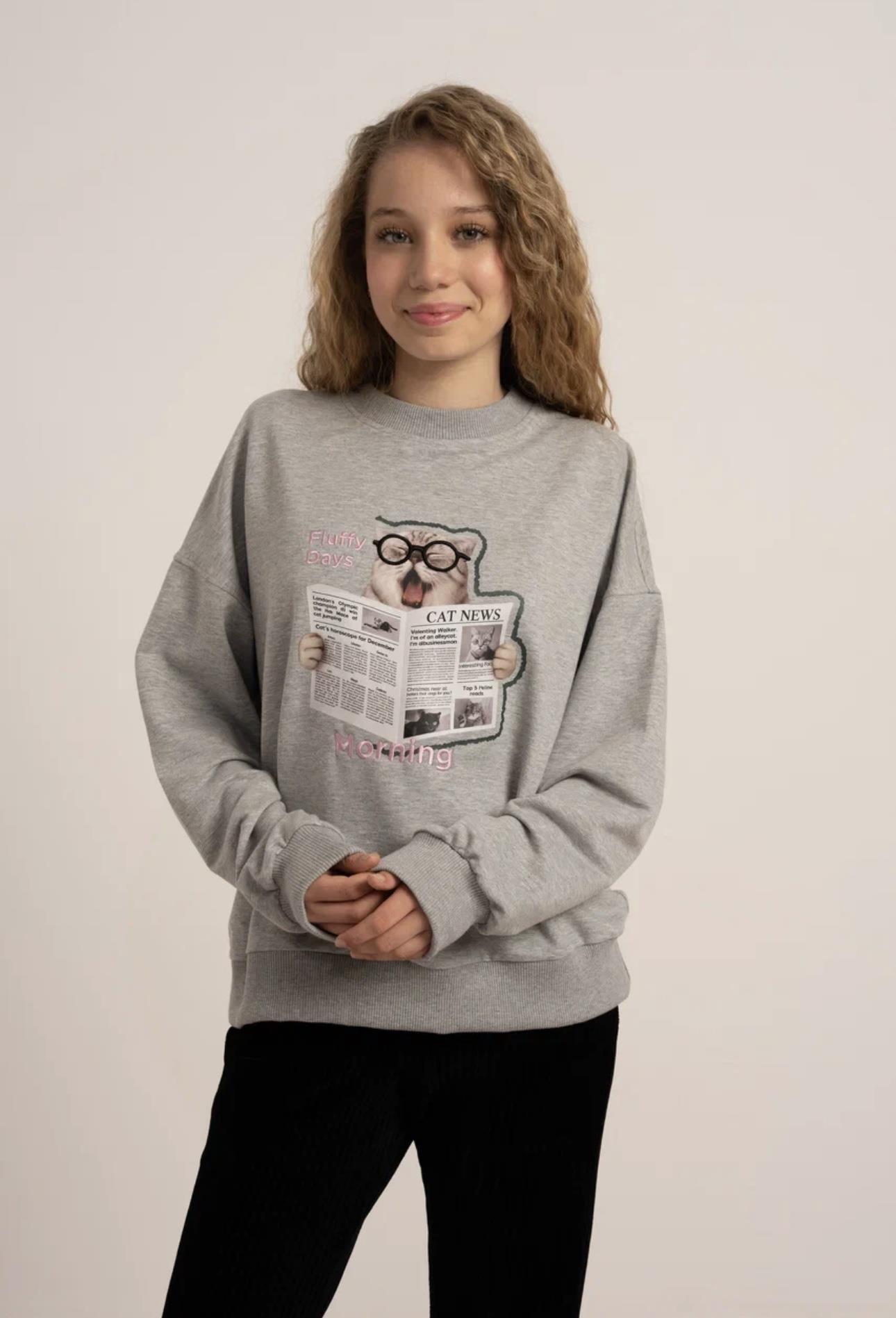 KEDİ BASKILI İKİ İPLİK SWEATSHİRT GRİ