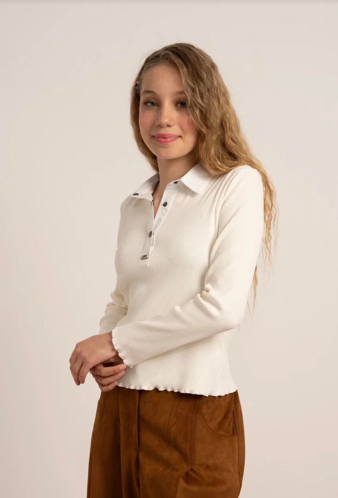 KIZ ÇOCUK FİTİLLİ POLO YAKA BLUZ EKRU
