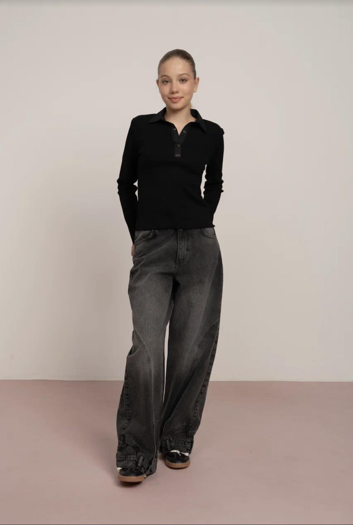 KIZ ÇOCUK FİTİLLİ POLO YAKA BLUZ SİYAH