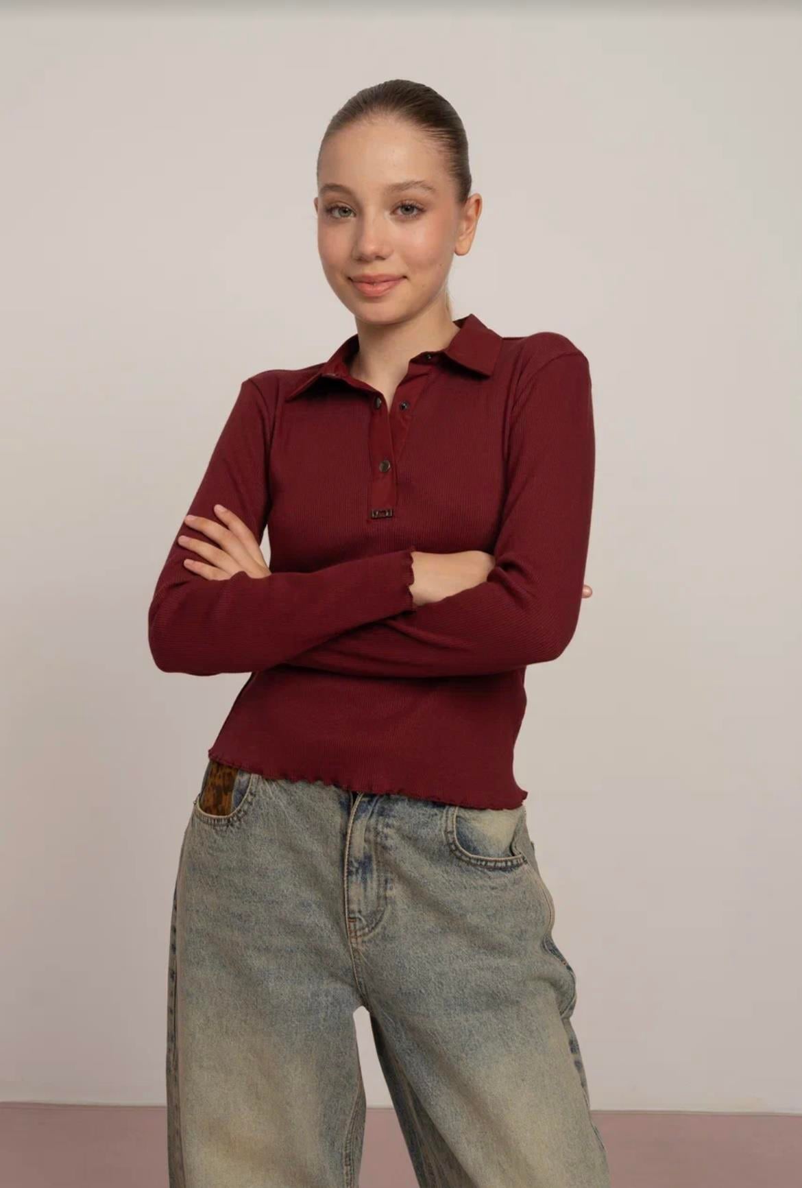 KIZ ÇOCUK POLO YAKA FİTİLLİ BLUZ BORDO