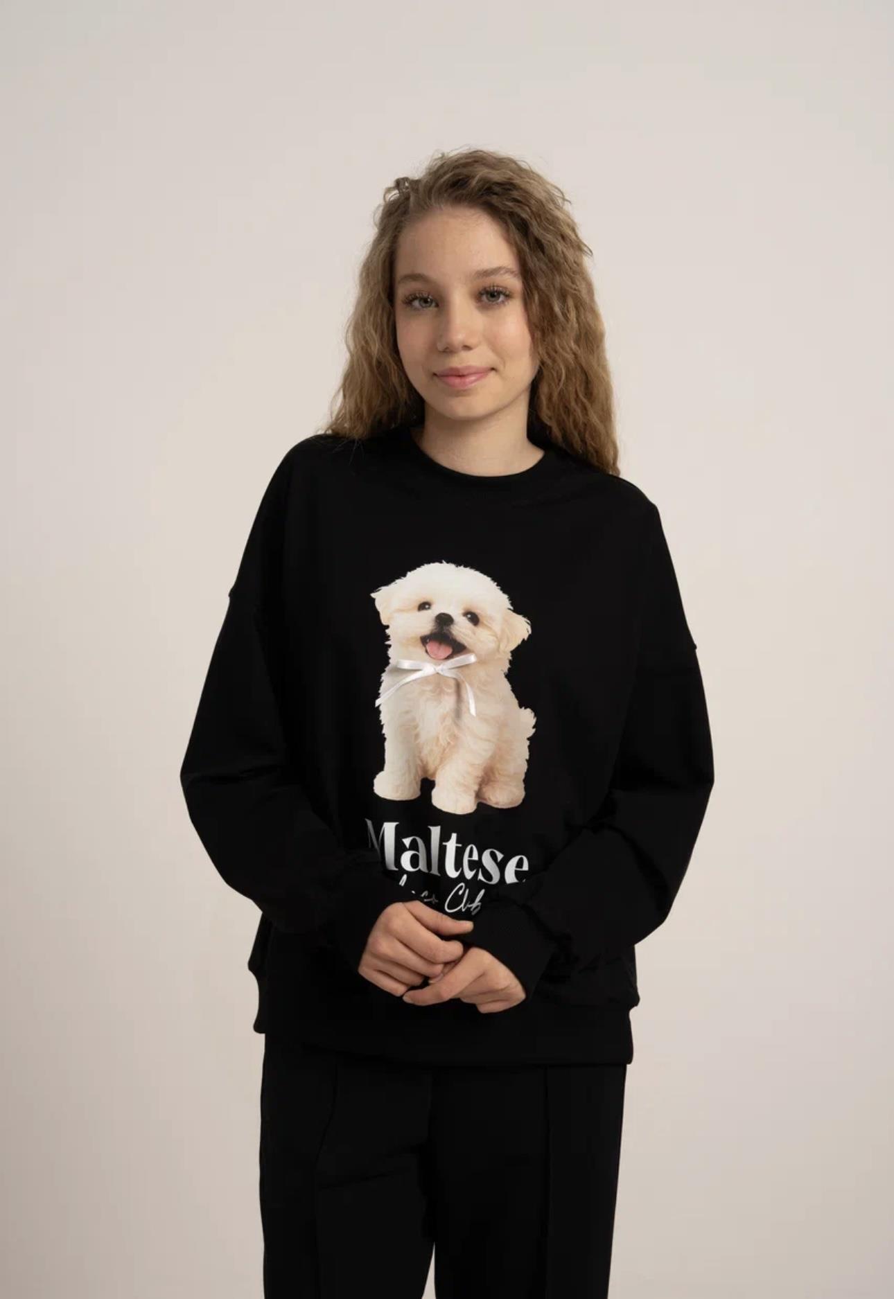 KÖPEK BASKILI İKİ İPLİK SWEATSHİRT SİYAH