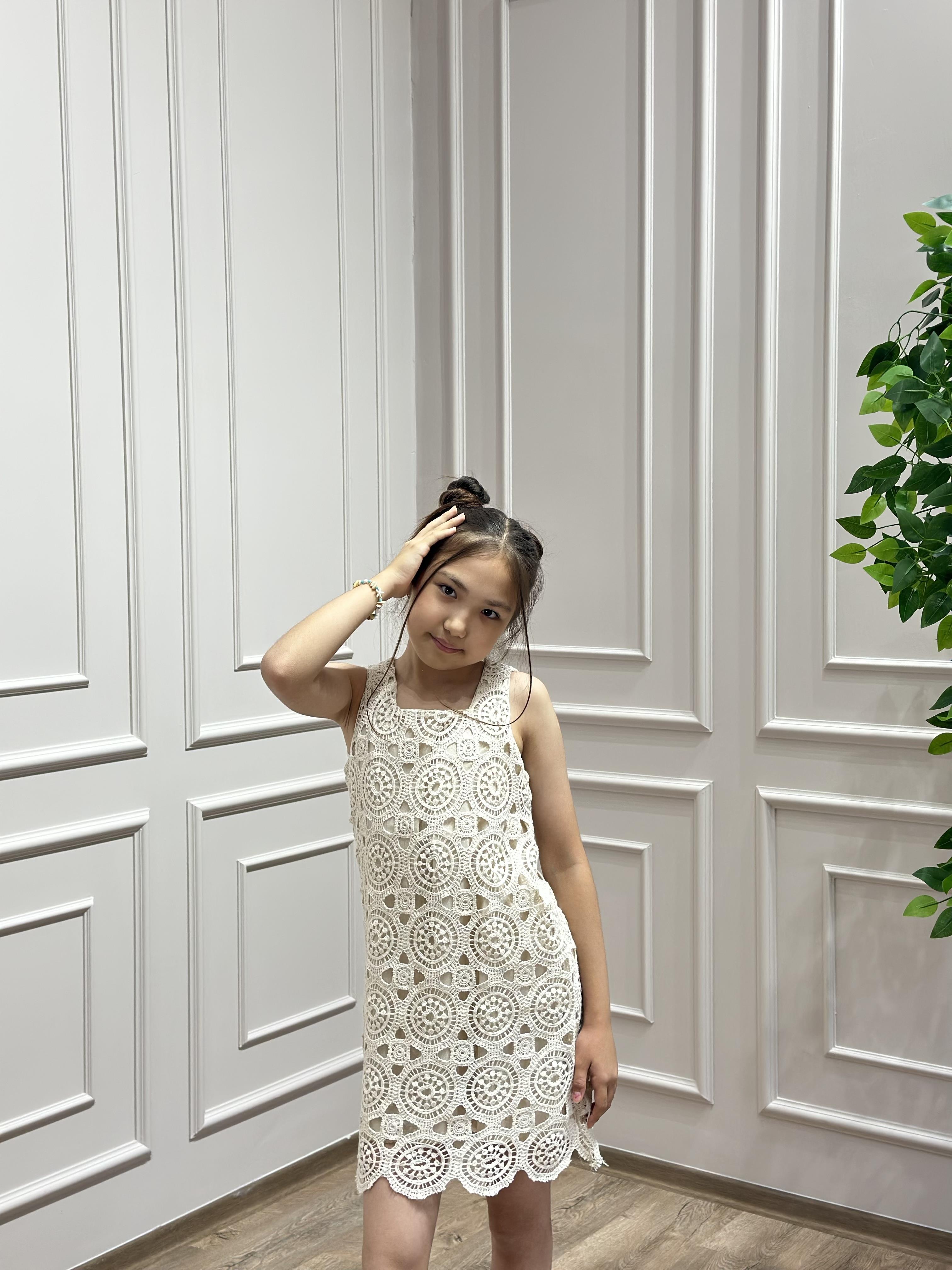 KREM GÜPÜRLÜ KETEN ELBİSE