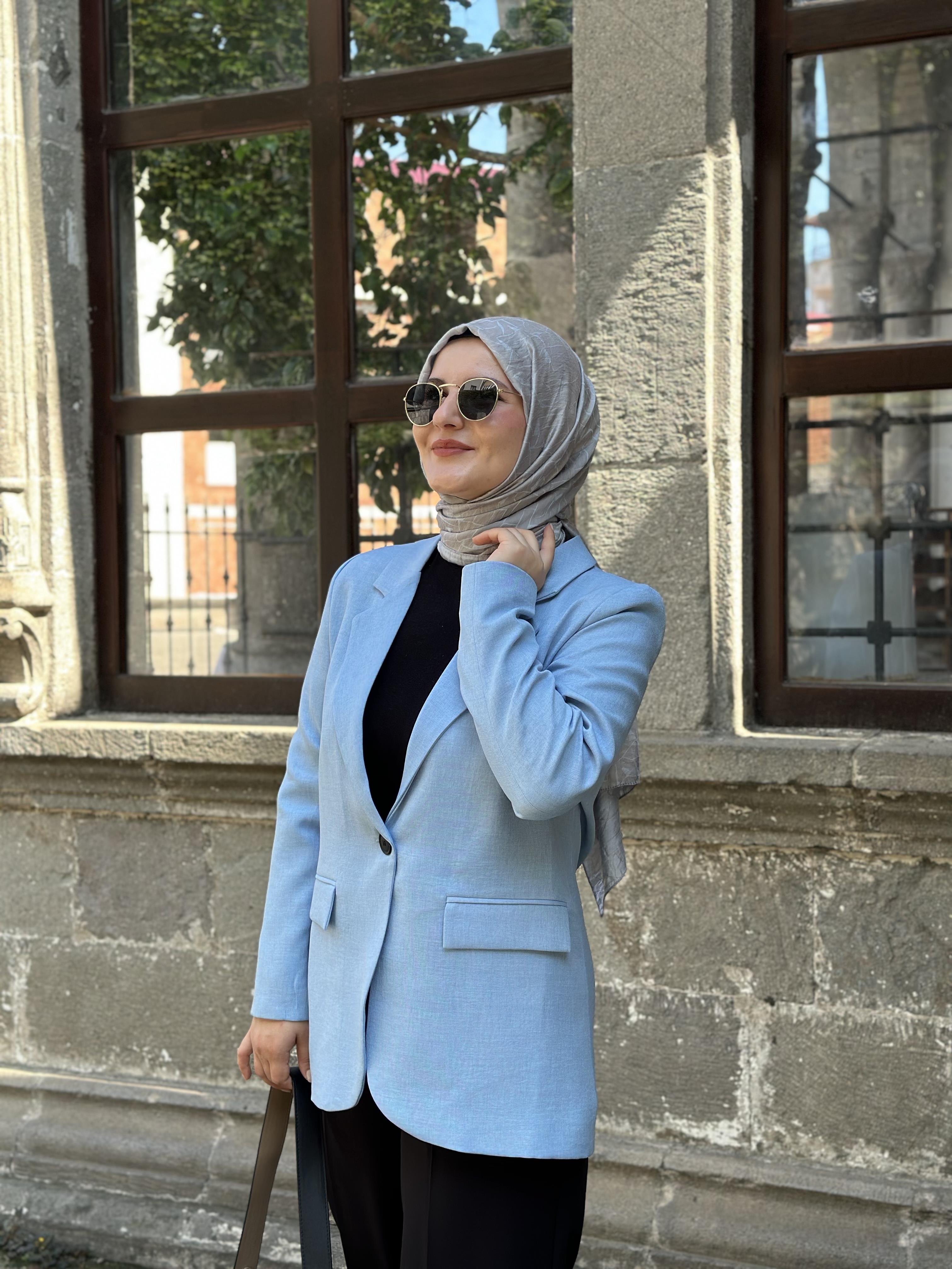 MAVİ RENK KETEN BLAZER CEKET 