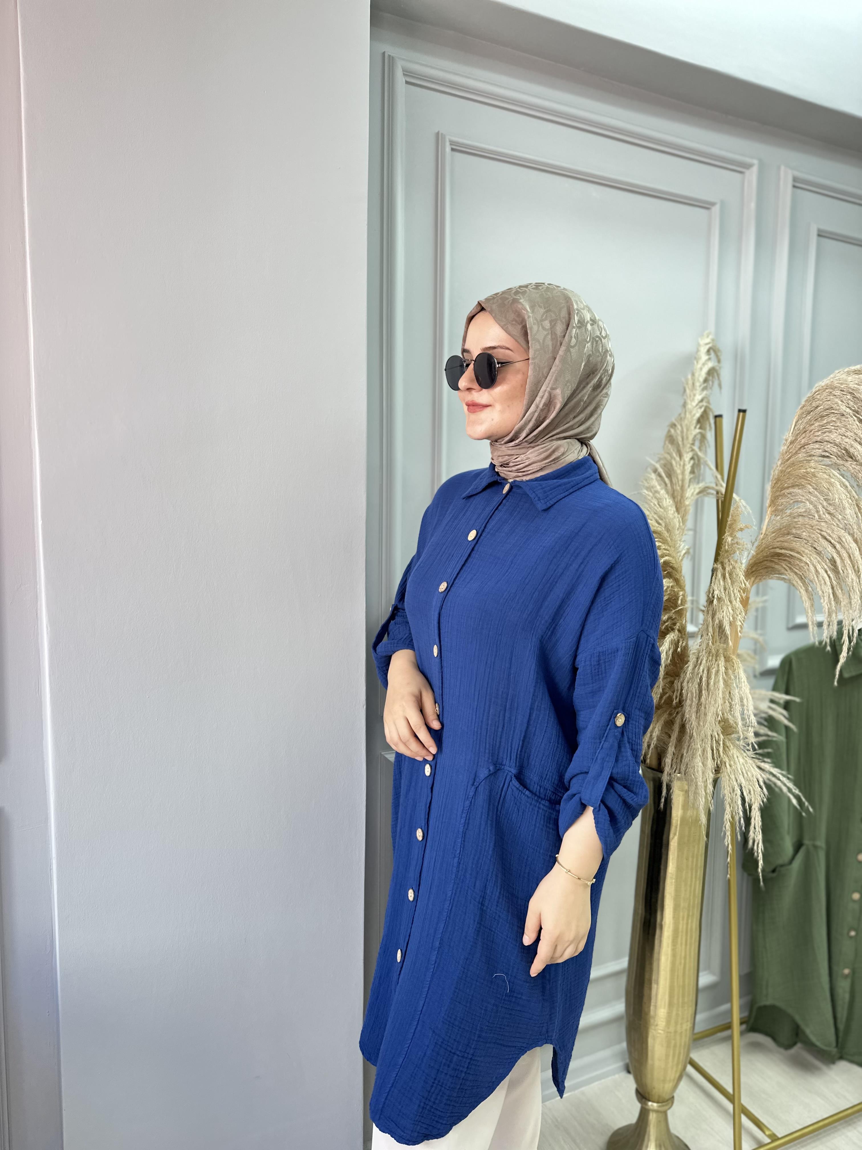 MAVİ UZUN MÜSLİN KUMAŞ GÖMLEK