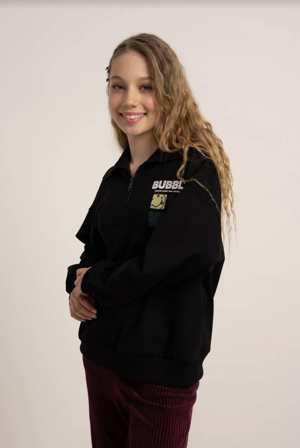 POLO YAKA İKİ İPLİK OVERSİZE SWEATSHİRT SİYAH