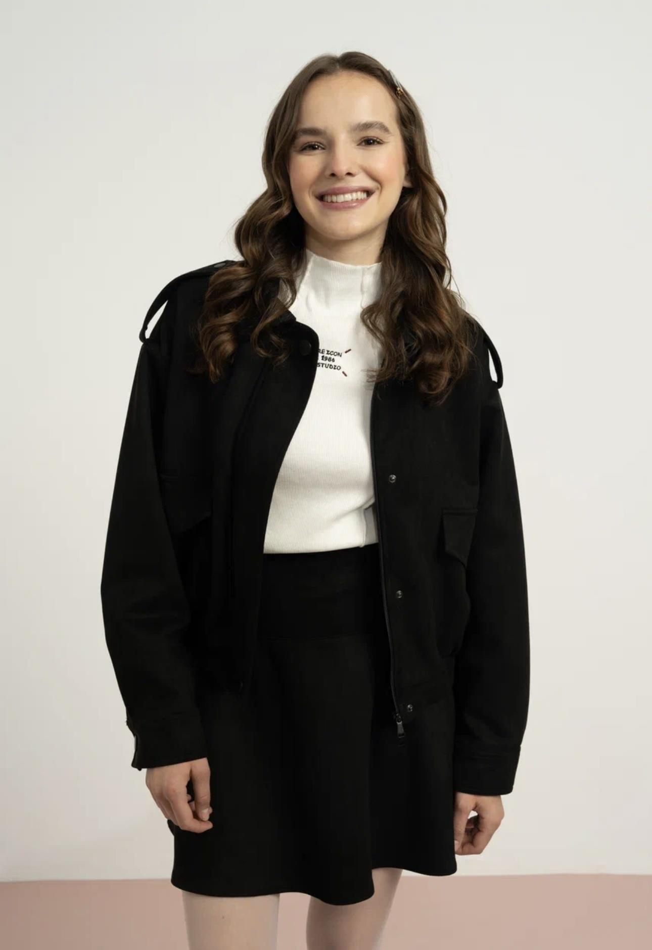 SÜET APOLET DETAYLI OVERSİZE CEKET SİYAH