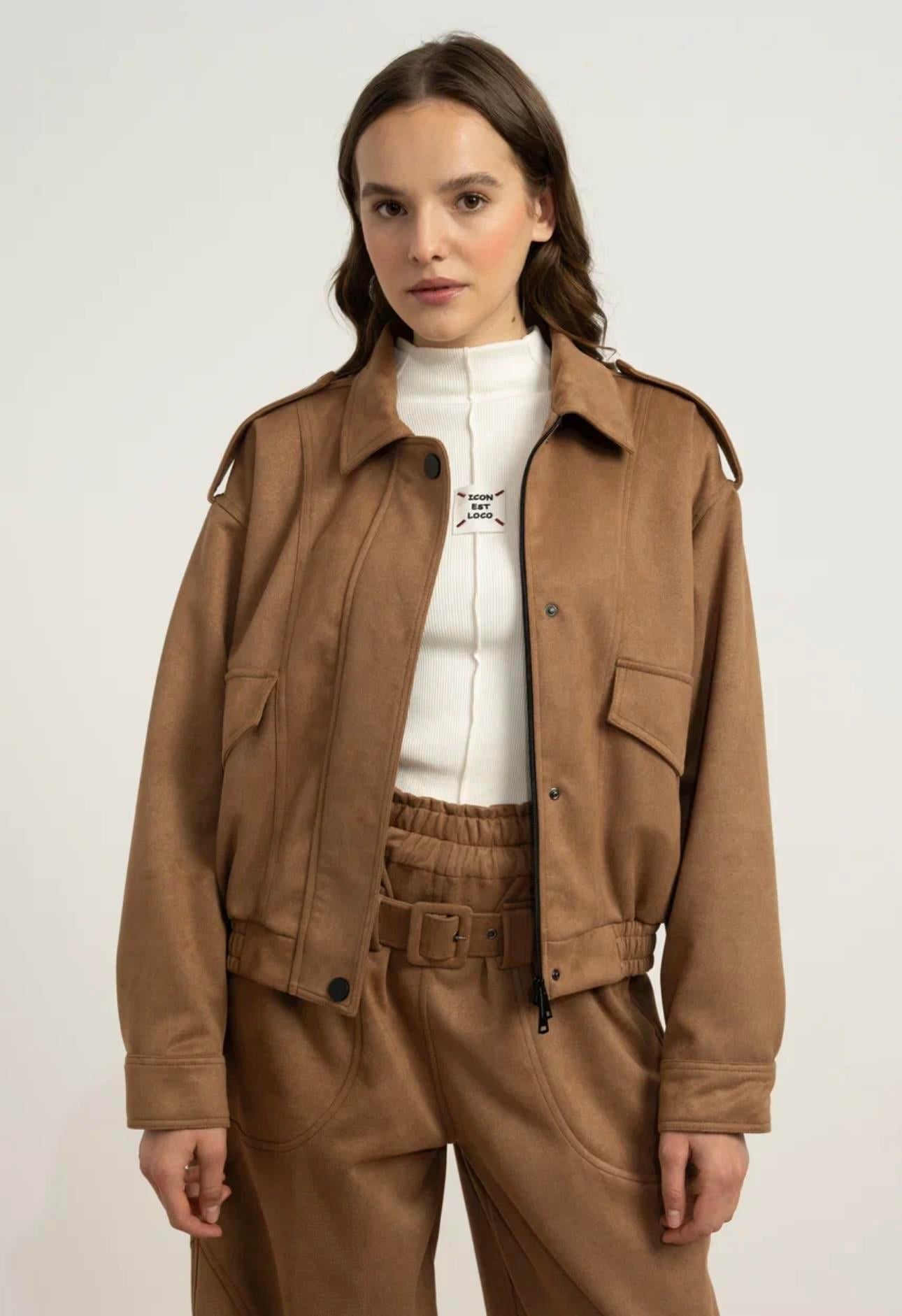 SÜET APOLET DETAYLI OVERSİZE CEKET VİZON