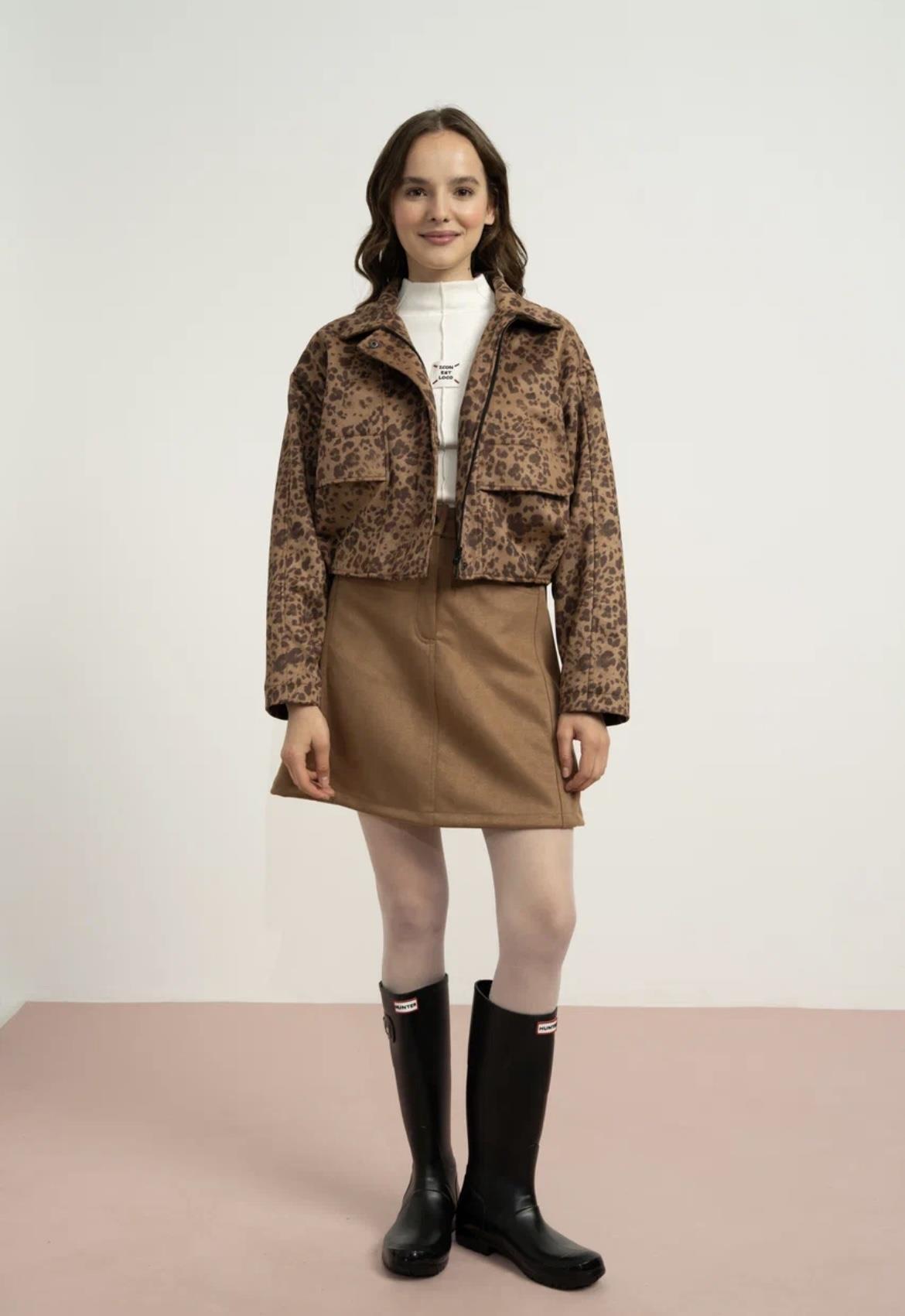 SÜET LEOPAR DESEN OVERSİZE CEKET VİZON