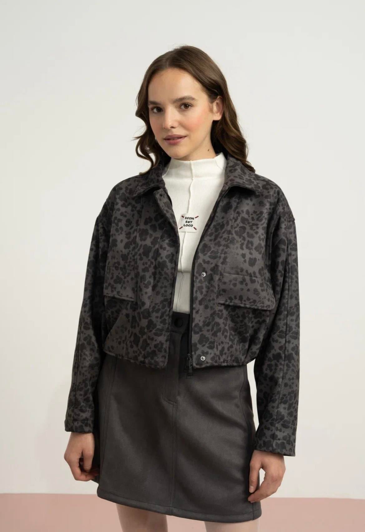 SÜET LEOPAR DESENLİ OVERSİZE CEKET ANTRASİT