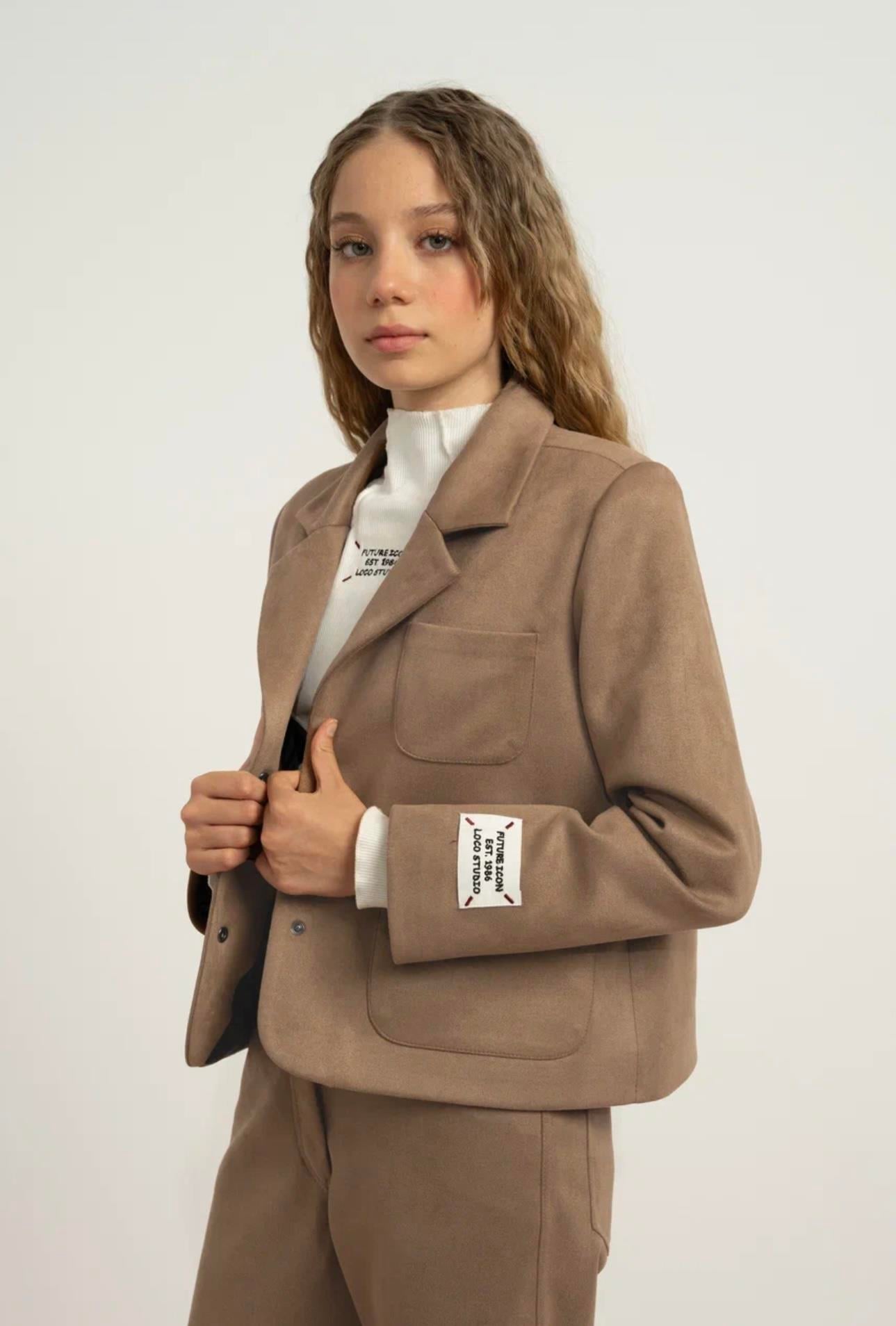 SÜET MİNİ KIZ ÇOCUK BLAZER CEKET TABA 