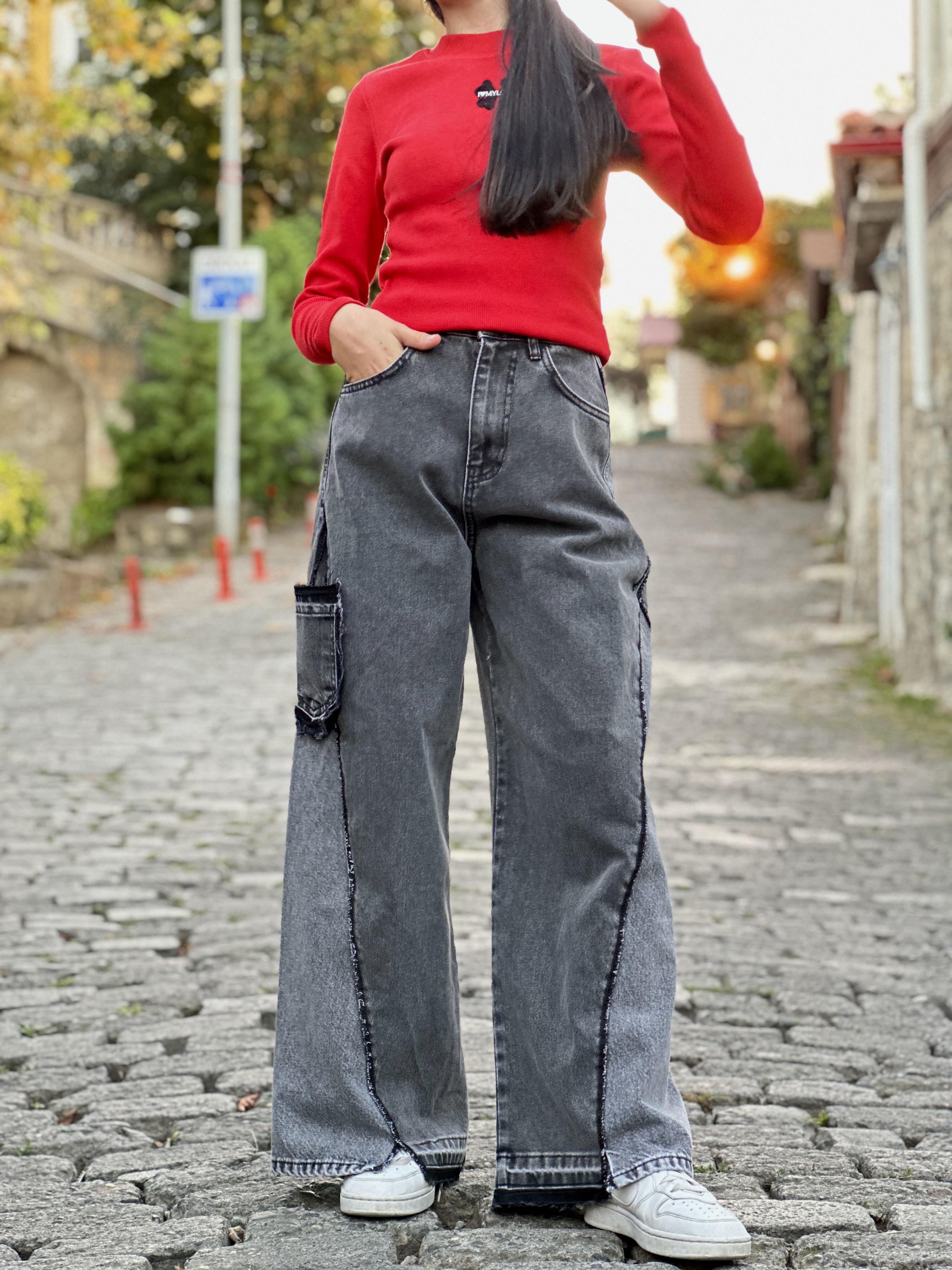 YANDAN CEPLİ BOL PAÇA KOT PANTOLON