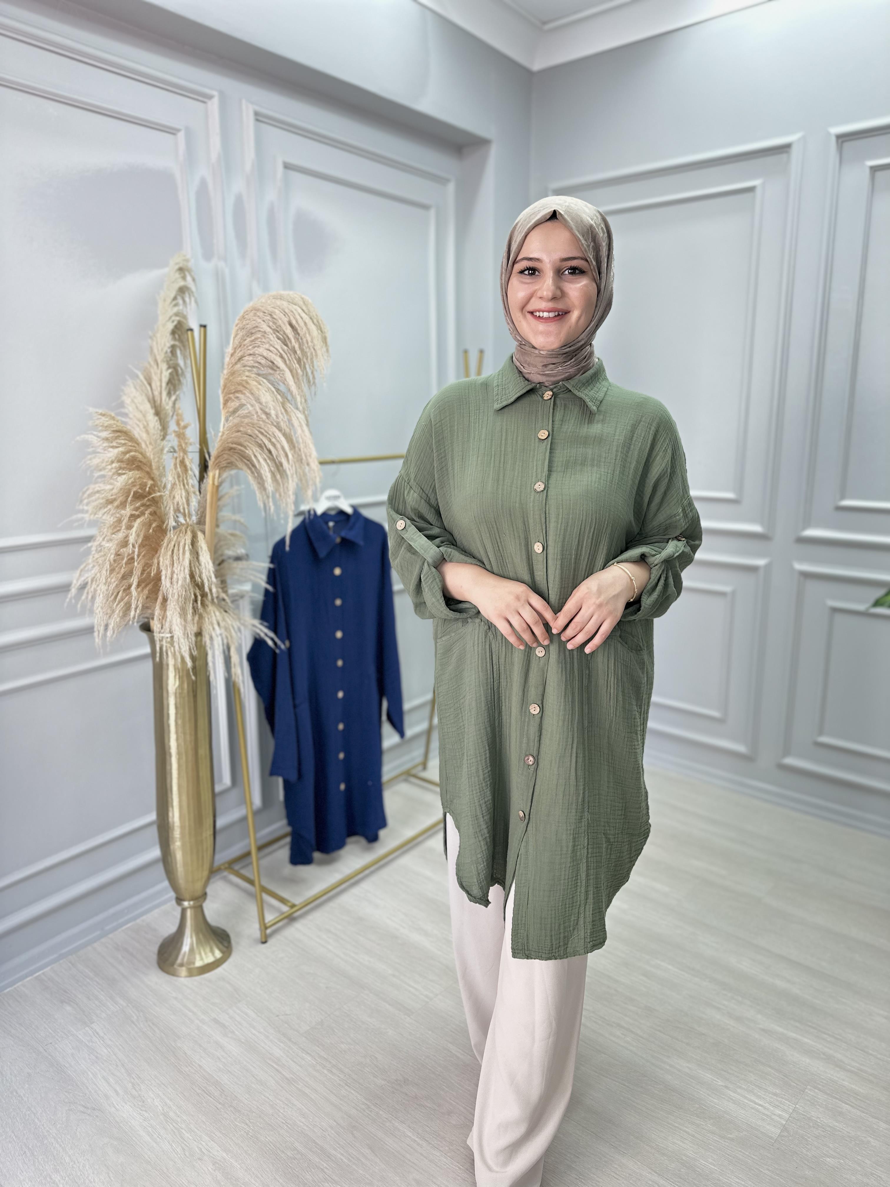 YEŞİL UZUN MÜSLİN GÖMLEK