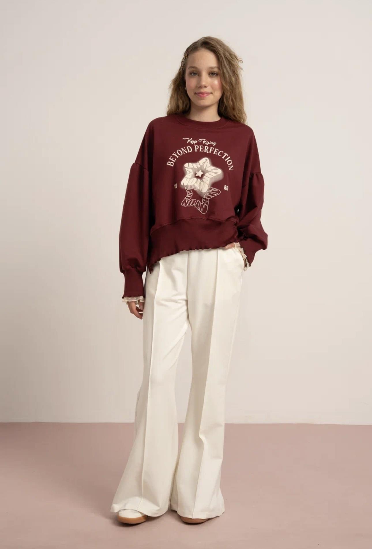 YILDIZ BASKILI ALT FİTİLLİ İKİ İPLİK SWEATSHİRT BORDO