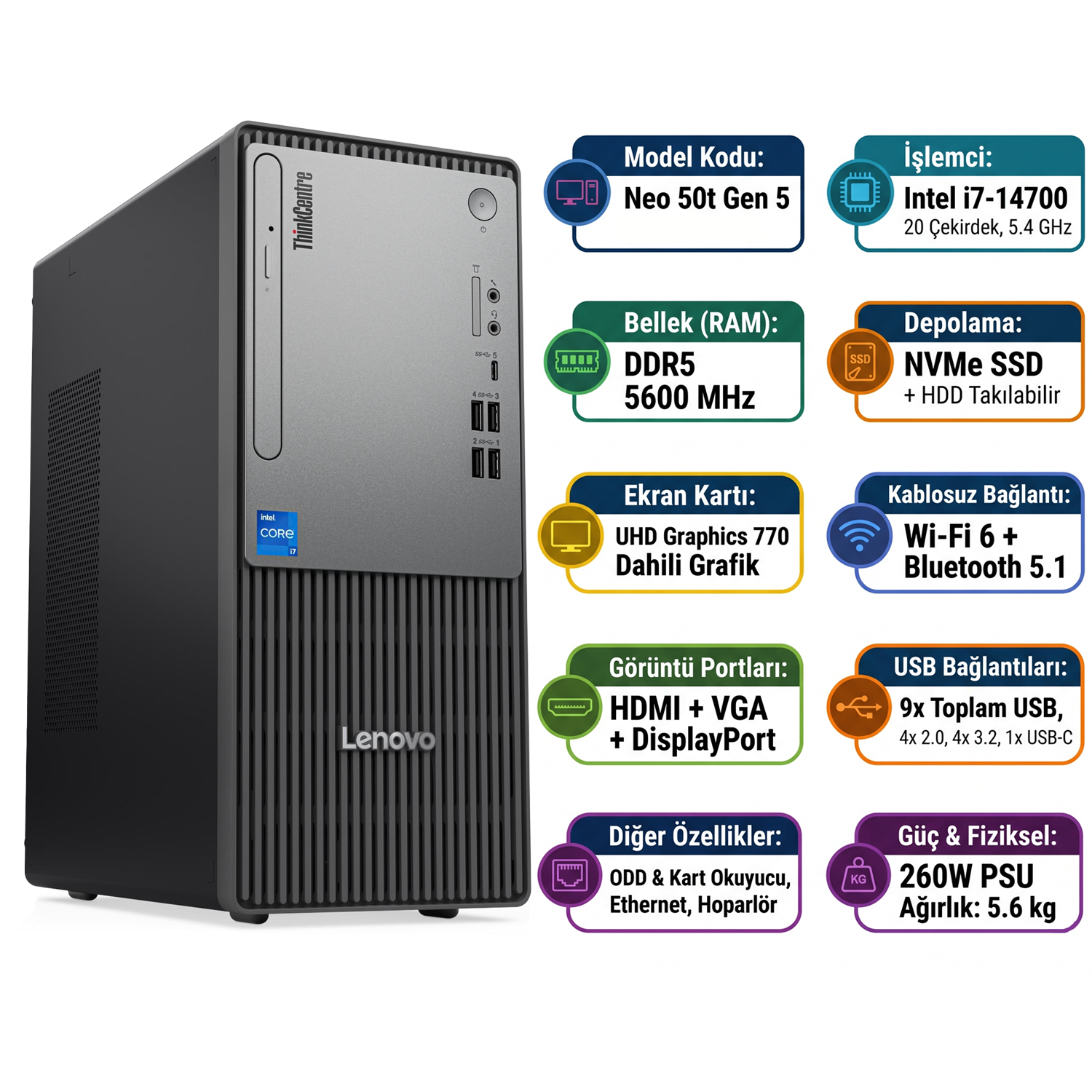  Masaüstü Bilgisayar LENOVO 12UD001UTR 004 Distribütör  Lenovo ThinkCentre Neo 50T Gen 5 i7-14700 32GB 1TB SSD Freedos Masaüstü Bilgisayar 12UD001UTR 004