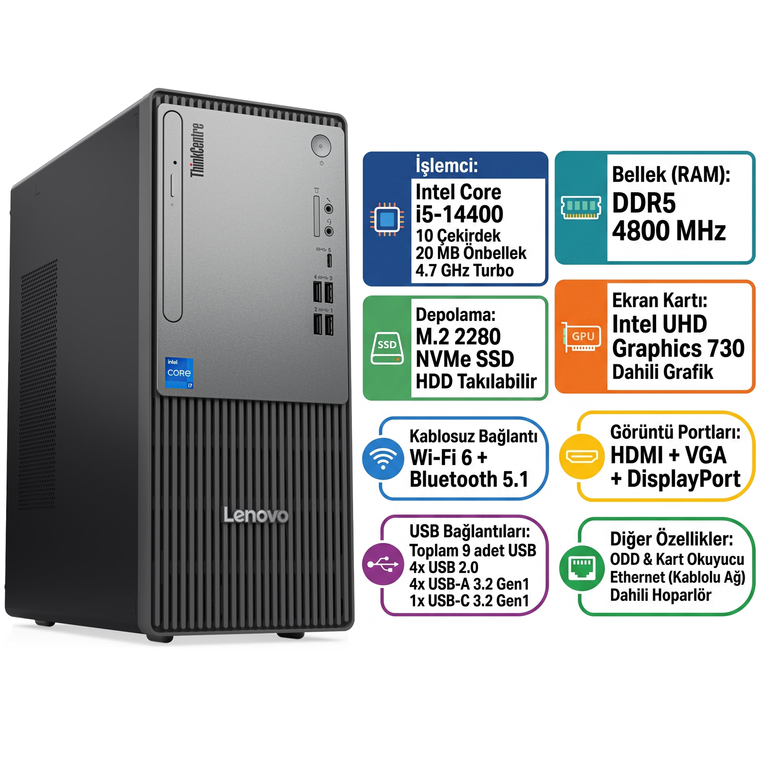  Masaüstü Bilgisayar LENOVO 12UD002CTR 005 Distribütör  Lenovo ThinkCentre Neo 50T Gen 5 i5-14400 48GB 1TB SSD Freedos Masaüstü Bilgisayar 12UD002CTR 005