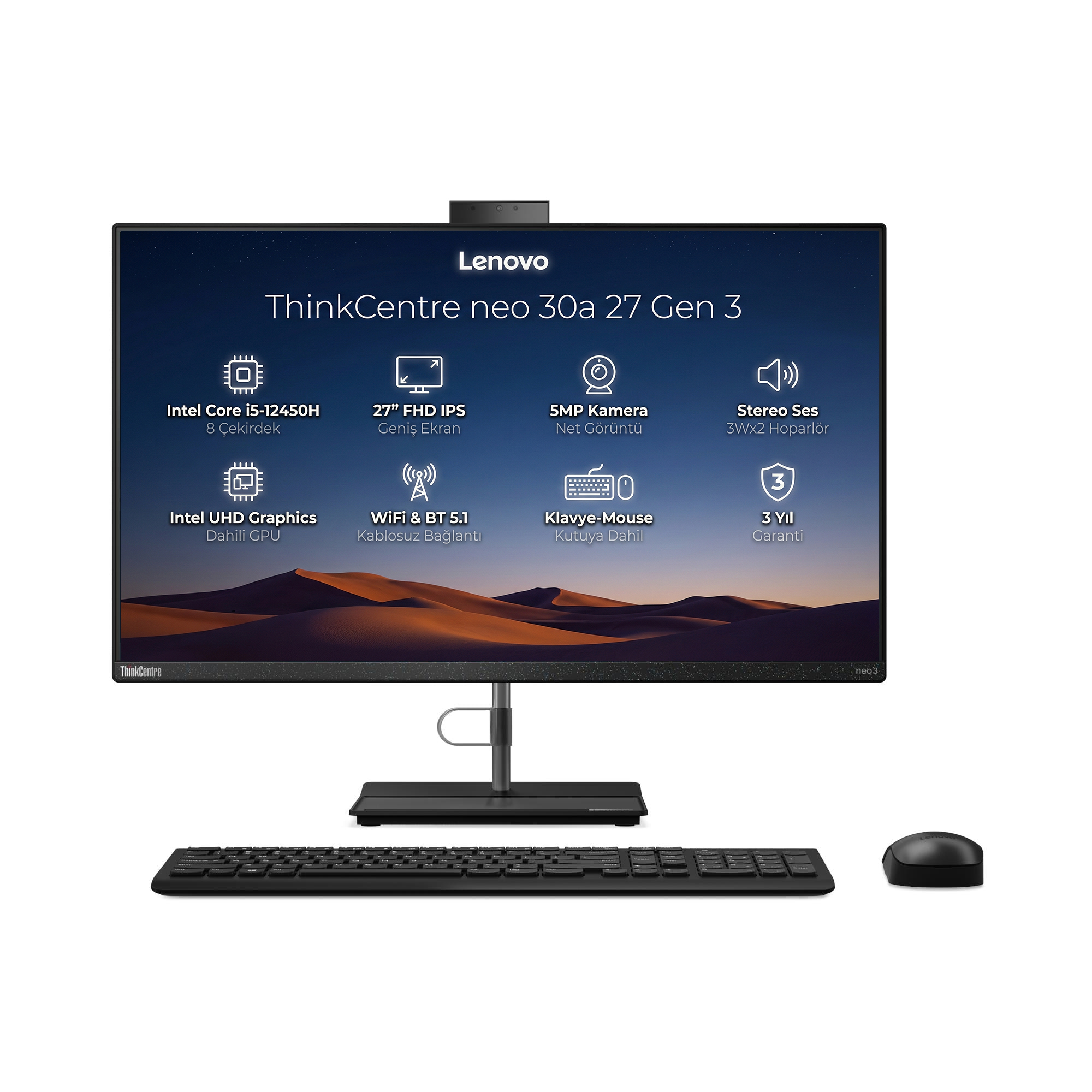 All-in-One Bilgisayar LENOVO 12CBA00RTR 002 Distribütör  Lenovo ThinkCentre Neo 30A G3 Intel Core i5-12450H 32GB 512GB SSD 27