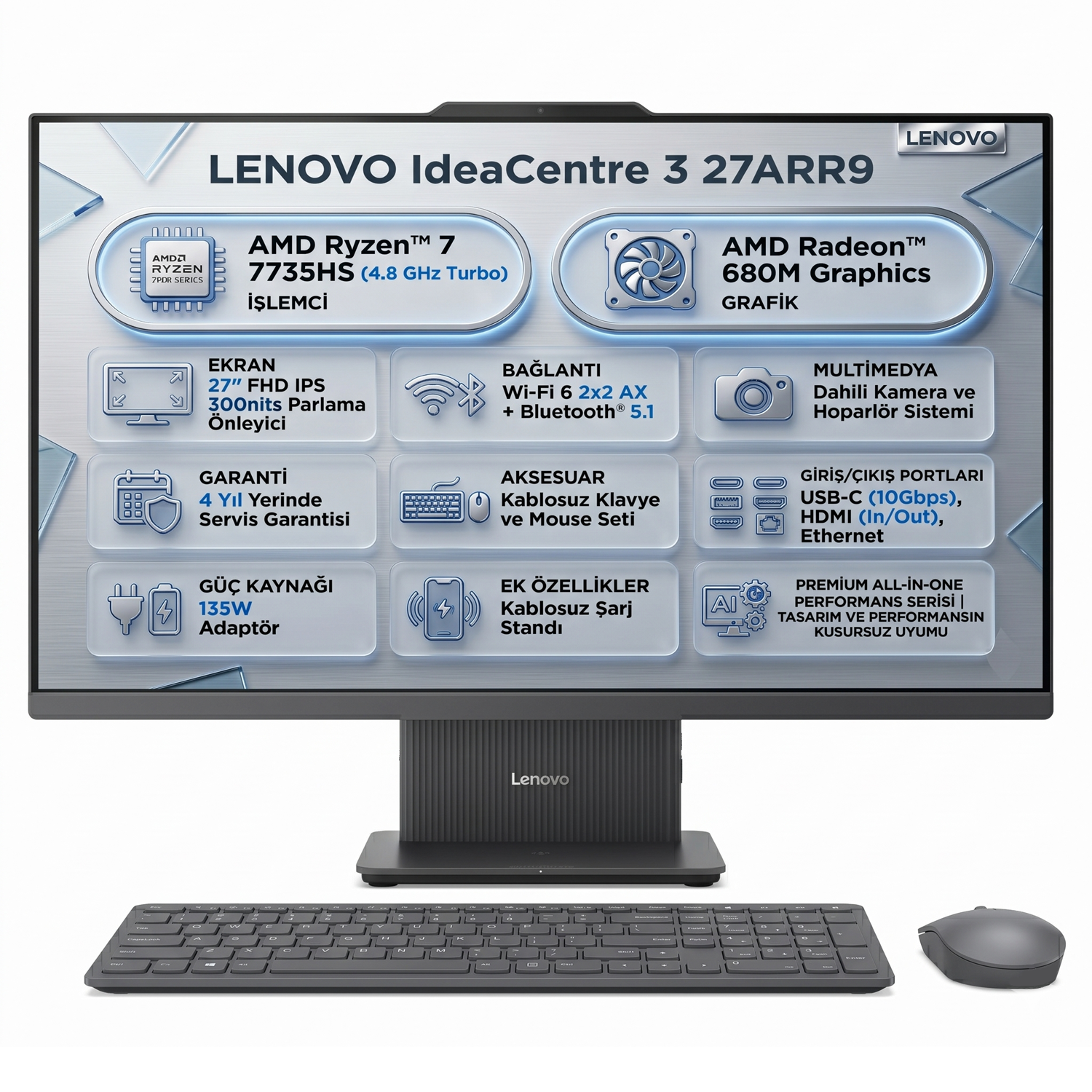  All-in-One Bilgisayar LENOVO F0HQ00ACTR 006 Distribütör  Lenovo IdeaCentre 3 27ARR9 Amd Ryzen 7 7735HS 16GB 512GB SSD 27
