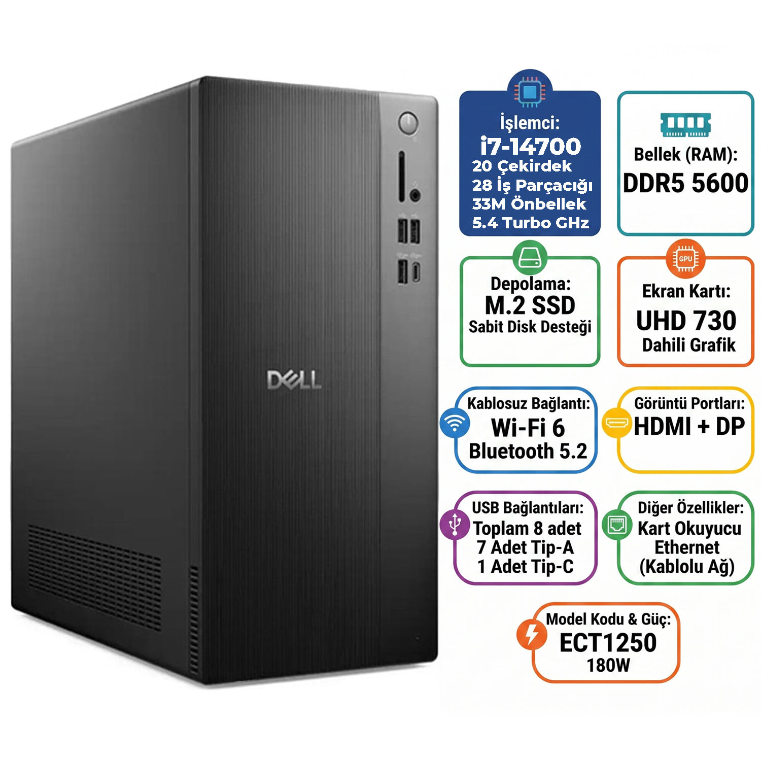  Masaüstü Bilgisayar DELL ECT1250_RPLSR007_U 014 Distribütör  Dell Tower Intel Core i7-14700 16GB 1TB SSD Windows 11 Pro Masaüstü Bilgisayar ECT1250_RPLSR007_U 014