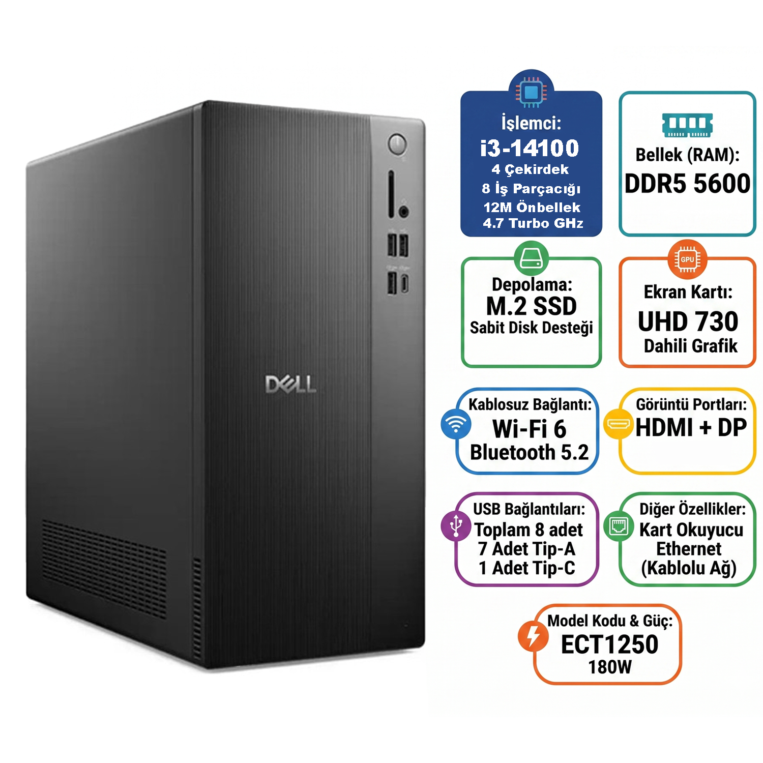  Masaüstü Bilgisayar DELL ECT1250_RPLSR013_U 001 Distribütör  Dell Tower ECT1250 Intel Core i3-14100 16GB 512GB SSD Ubuntu Masaüstü Bilgisayar ECT1250_RPLSR013_U 001