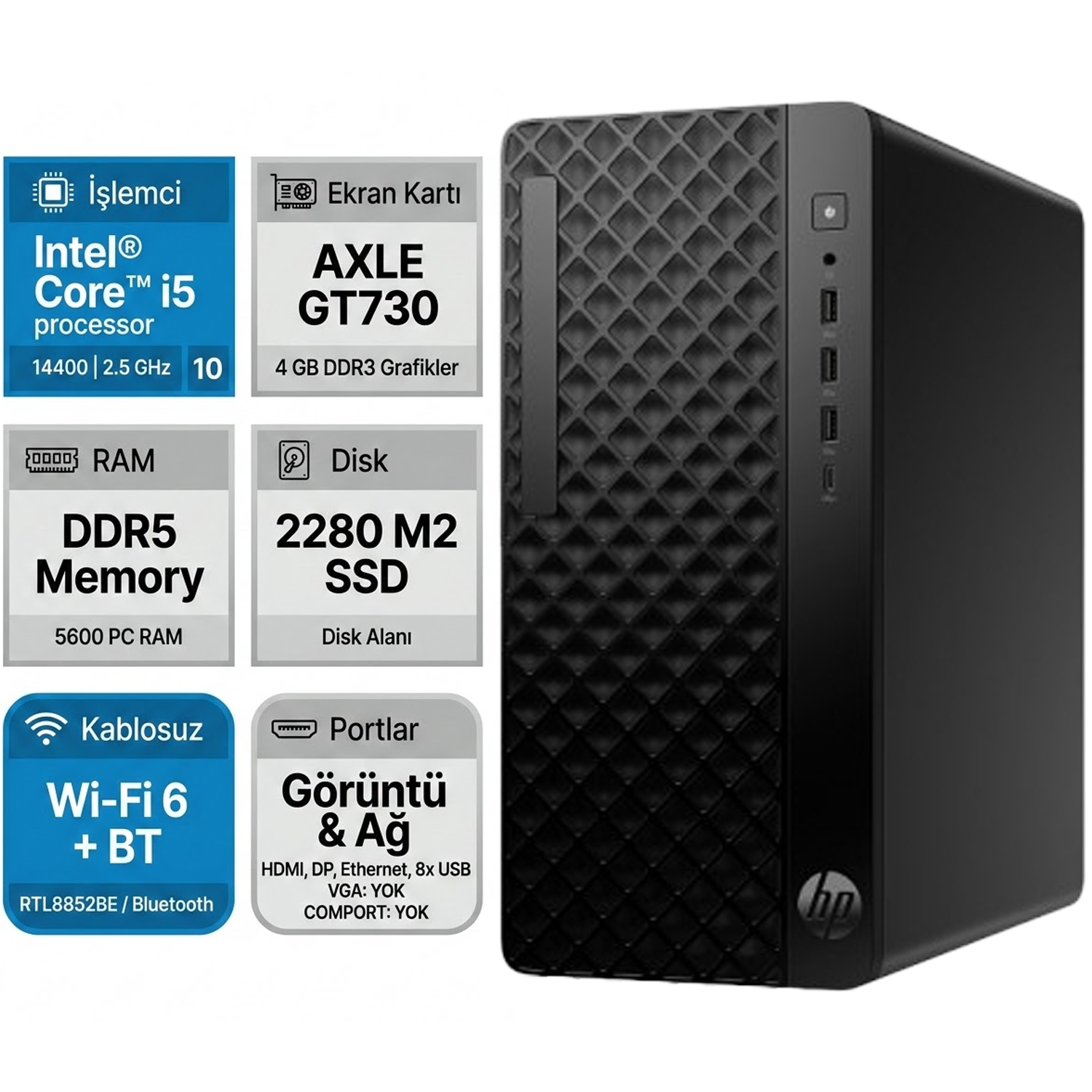  Masaüstü Bilgisayar HP B70VQAT 015 Distribütör  HP ProDesk 2 G1i Intel Core i5-14400 16GB 512GB SSD 4 GB GT730 Windows 11 Pro Masaüstü Bilgisayar B70VQAT 015