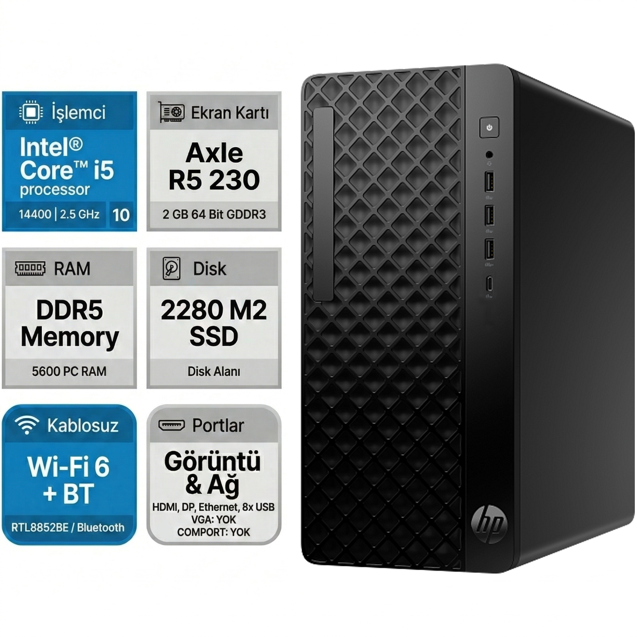  Masaüstü Bilgisayar HP B70VQAT 023 Distribütör  HP ProDesk 2 G1i Intel Core i5-14400 16GB 512GB SSD 2 GB R5 230 Windows 11 Pro Masaüstü Bilgisayar B70VQAT 023