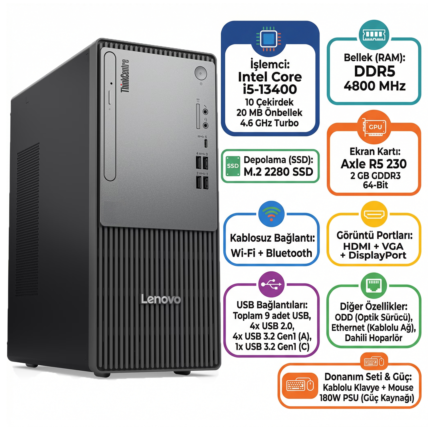  Masaüstü Bilgisayar LENOVO 12UB000ETR 055 Distribütör  LENOVO ThinkCentre Neo 50T G5 Intel Core i5-13400 16GB 512GB SSD 2 GB R5 230 Windows 11 Pro Masaüstü PC 12UB000ETR 055