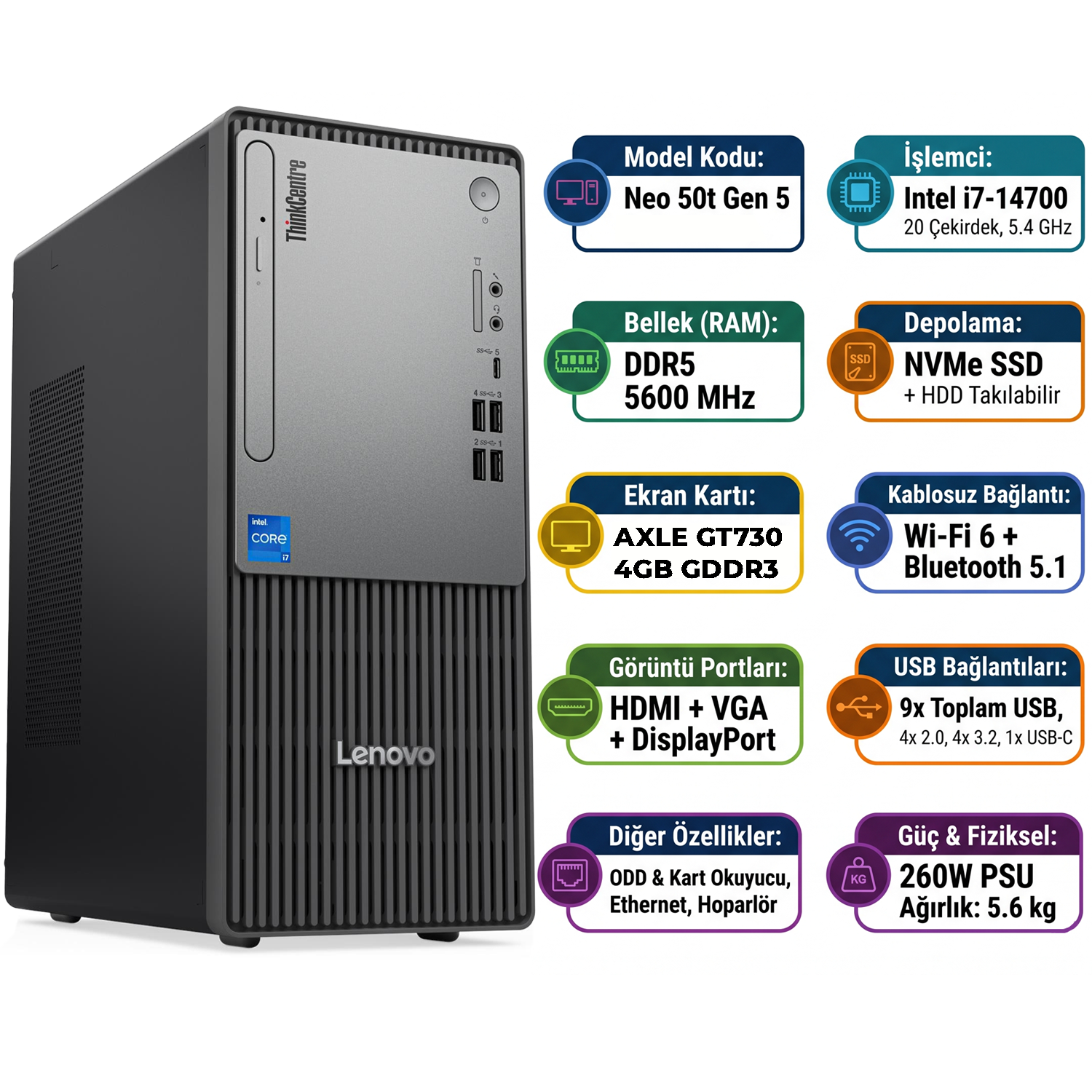  Masaüstü Bilgisayar LENOVO 12UD001UTR 025 Distribütör  Lenovo ThinkCentre Neo 50T Gen 5 i7-14700 16GB 1TB SSD 4 GB GT730 Freedos Masaüstü Bilgisayar 12UD001UTR 025