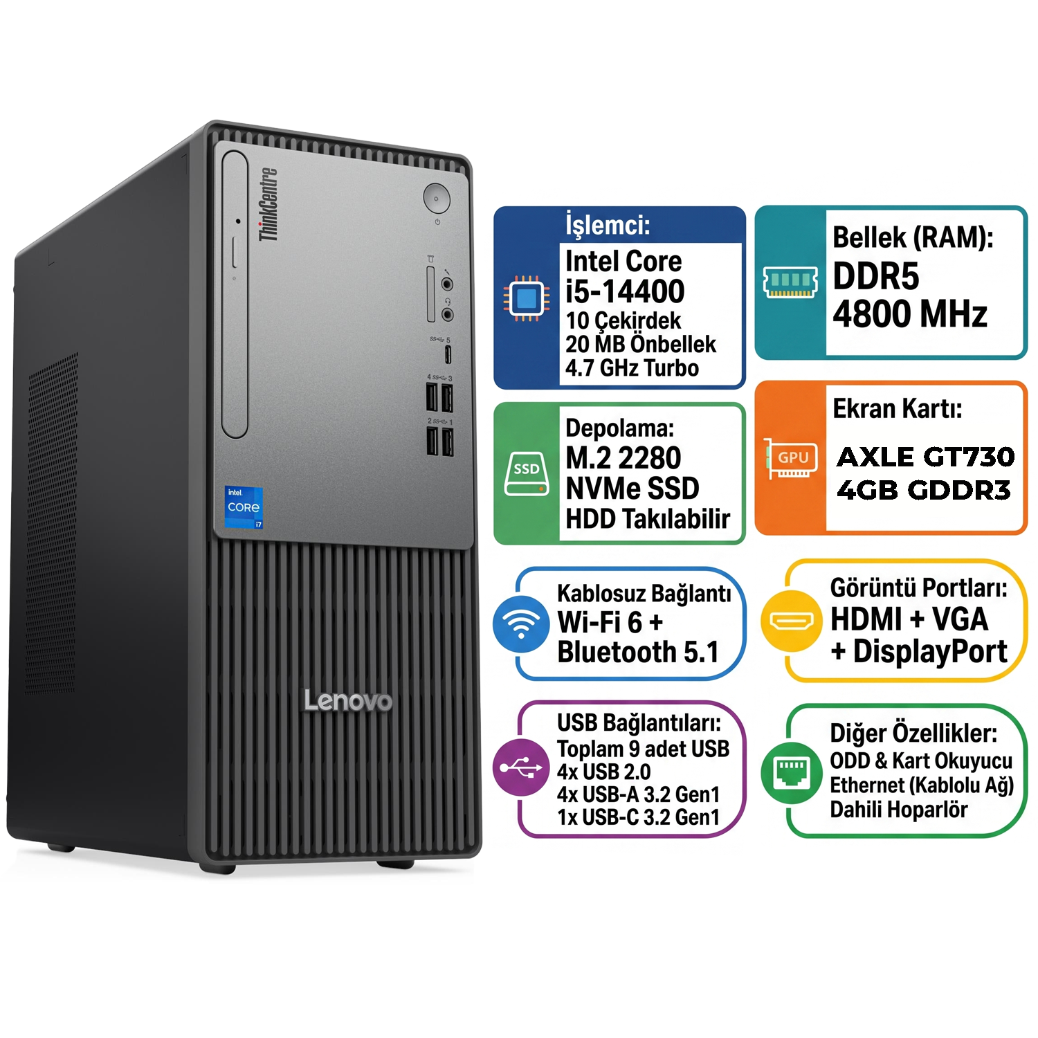  Masaüstü Bilgisayar LENOVO 12UD002CTR 021 Distribütör  Lenovo ThinkCentre Neo 50T Gen 5 i5-14400 32GB 512GB SSD 4 GB GT730 Windows 11 Pro Masaüstü Bilgisayar 12UD002CTR 021