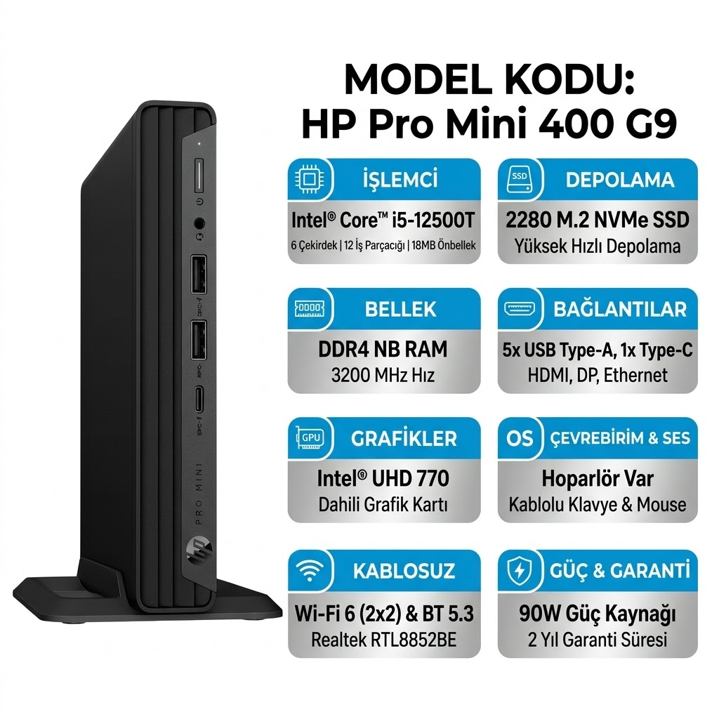  Mini Masaüstü Bilgisayar HP 9M950AT 003 Distribütör  HP Pro Mini 400 G9 Intel Core i5-12500T 20GB 512GB SSD Freedos Mini PC 9M950AT 003