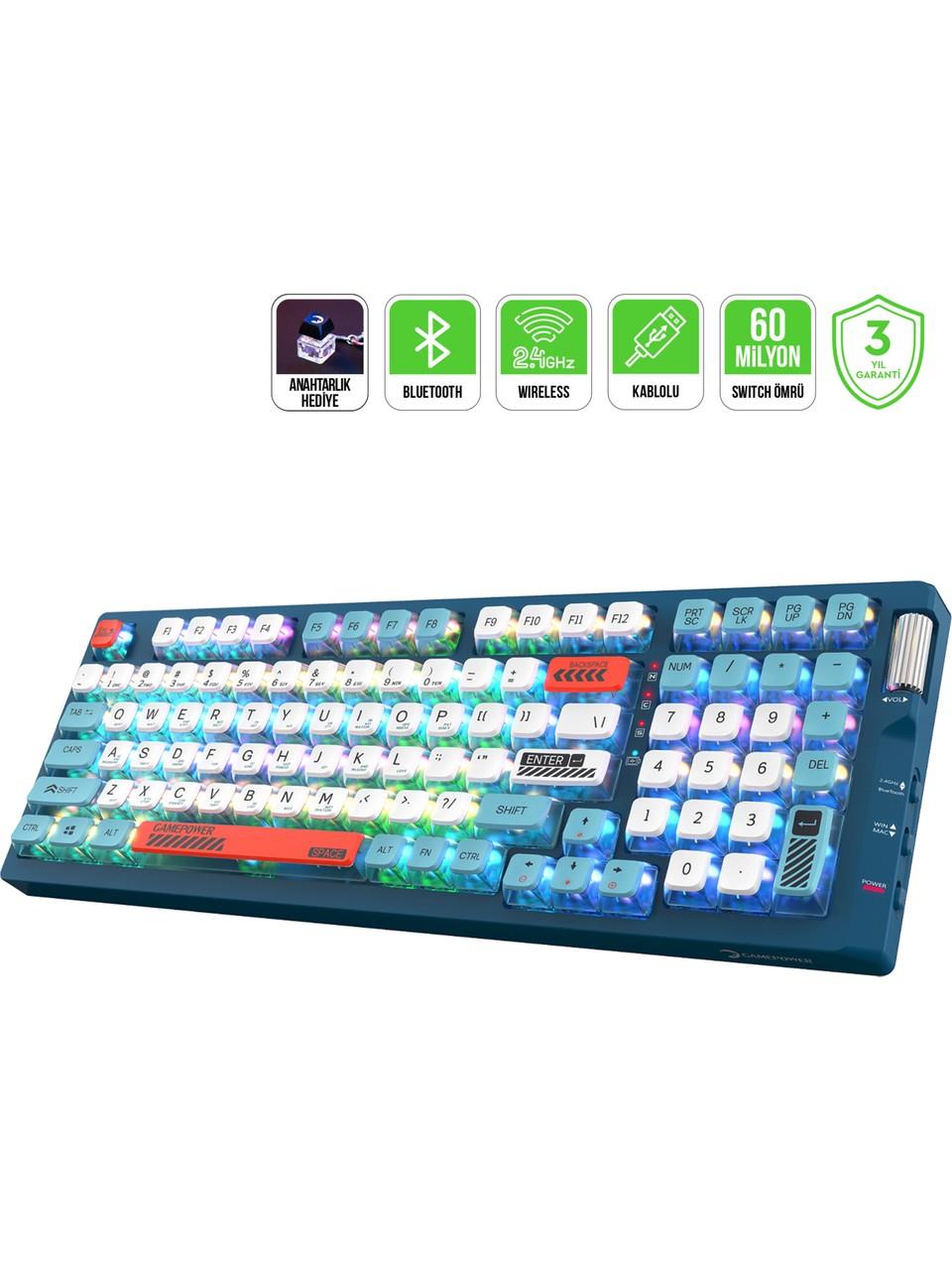 Gamepower Sense RGB Wireless-Bluetooth-Kablolu Mekanik Red Switch Gaming Klavye Klavye & Mouse GAMEPOWER SENSE Distribütör  Gamepower Sense RGB Wireless-Bluetooth-Kablolu Mekanik Red Switch Gaming Klavye