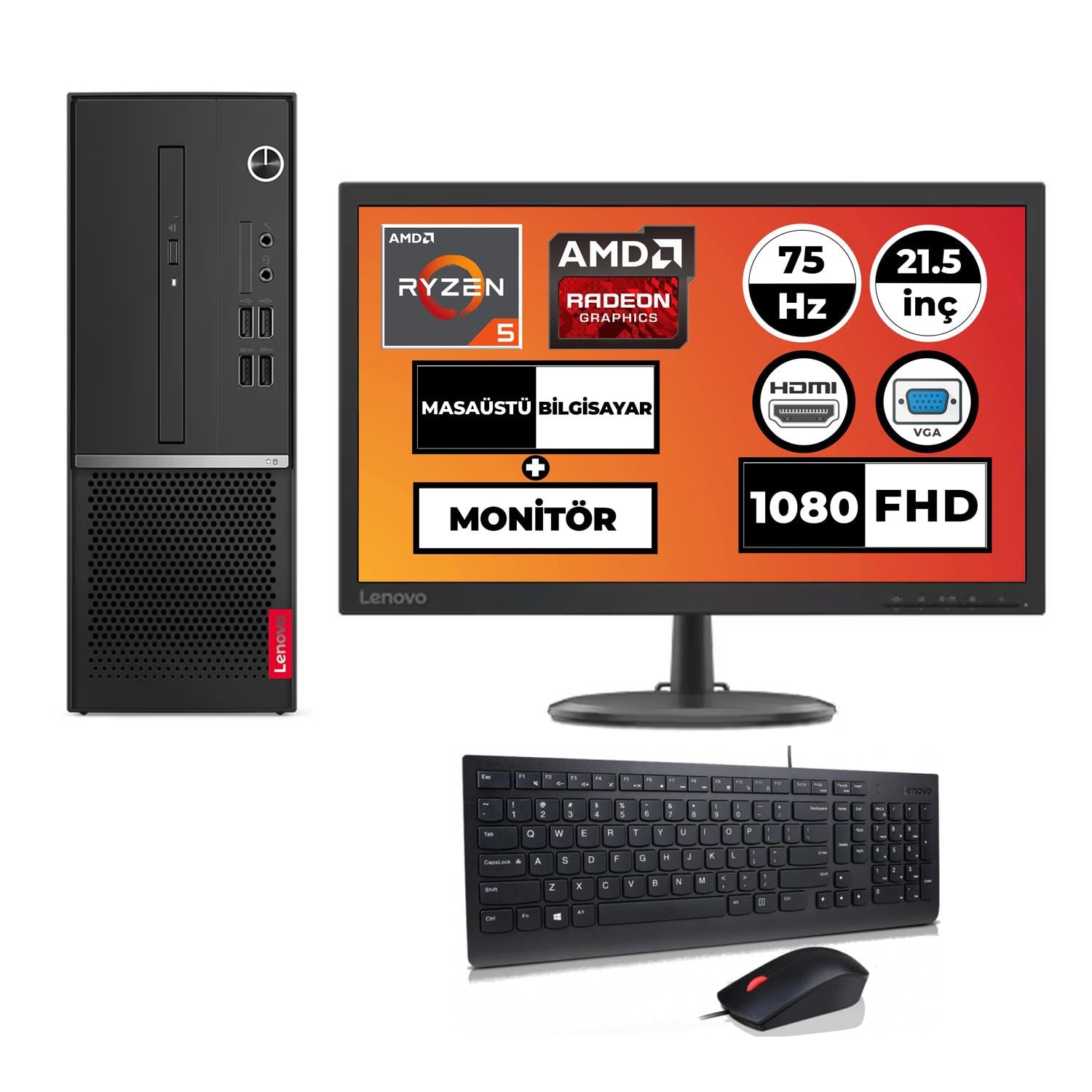 Lenovo V35S Ryzen 5-3500U 8GB 512GB SSD Windows 11 Pro Masaüstü Bilgisayar + Lenovo 21.5