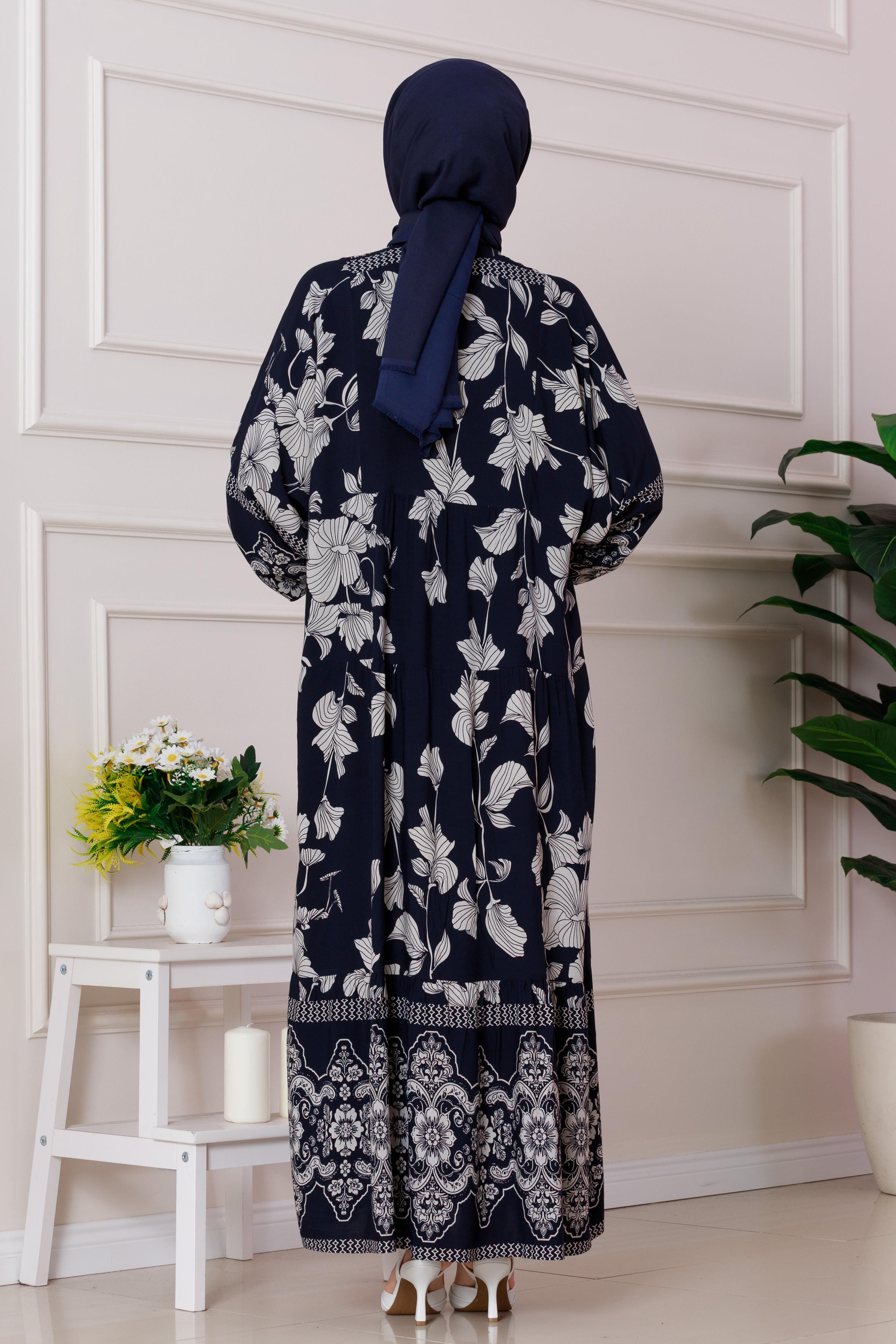 Arya Viscose Half Button Dress - navy blue color