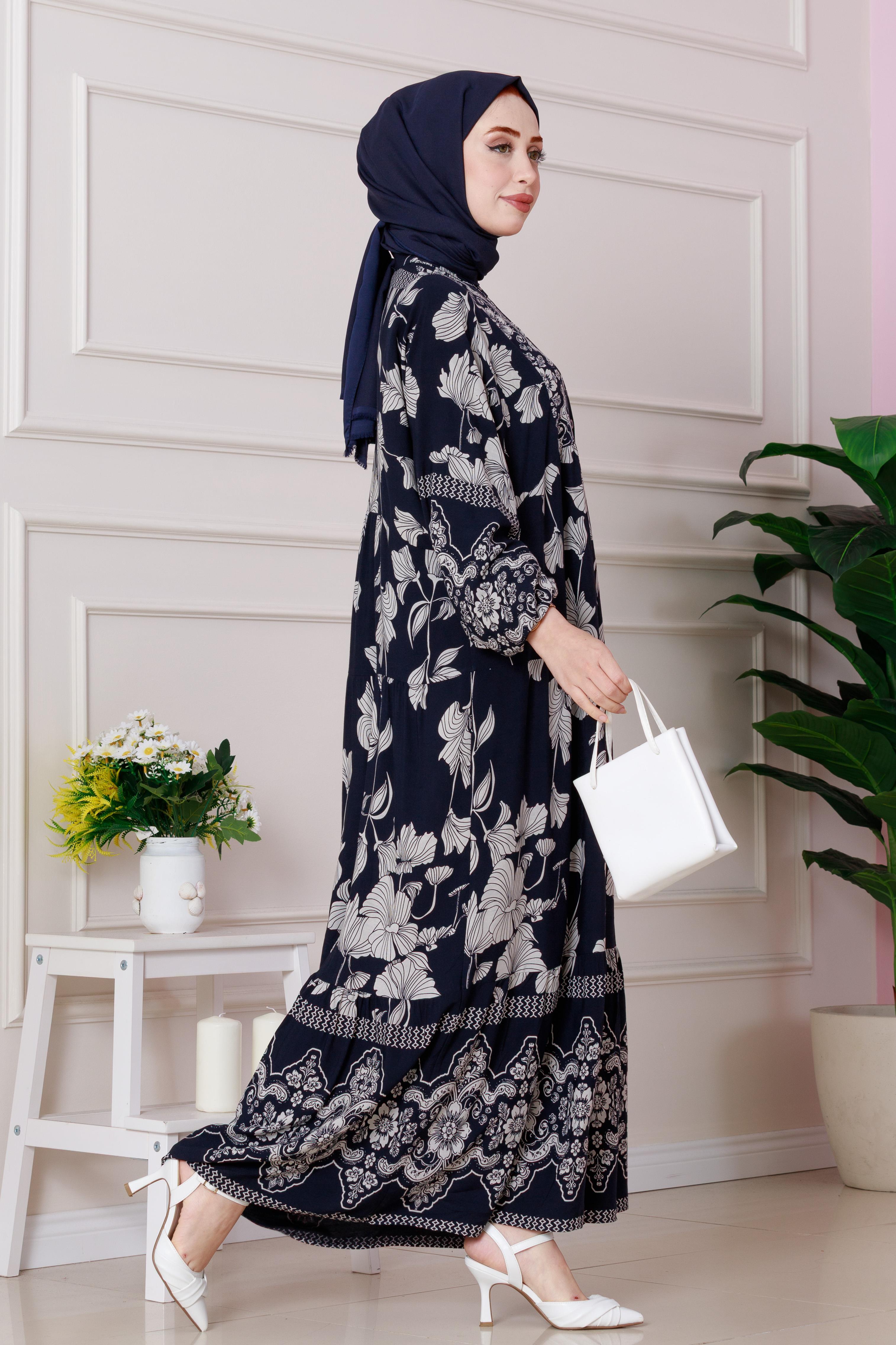 Arya Viscose Half Button Dress - navy blue color