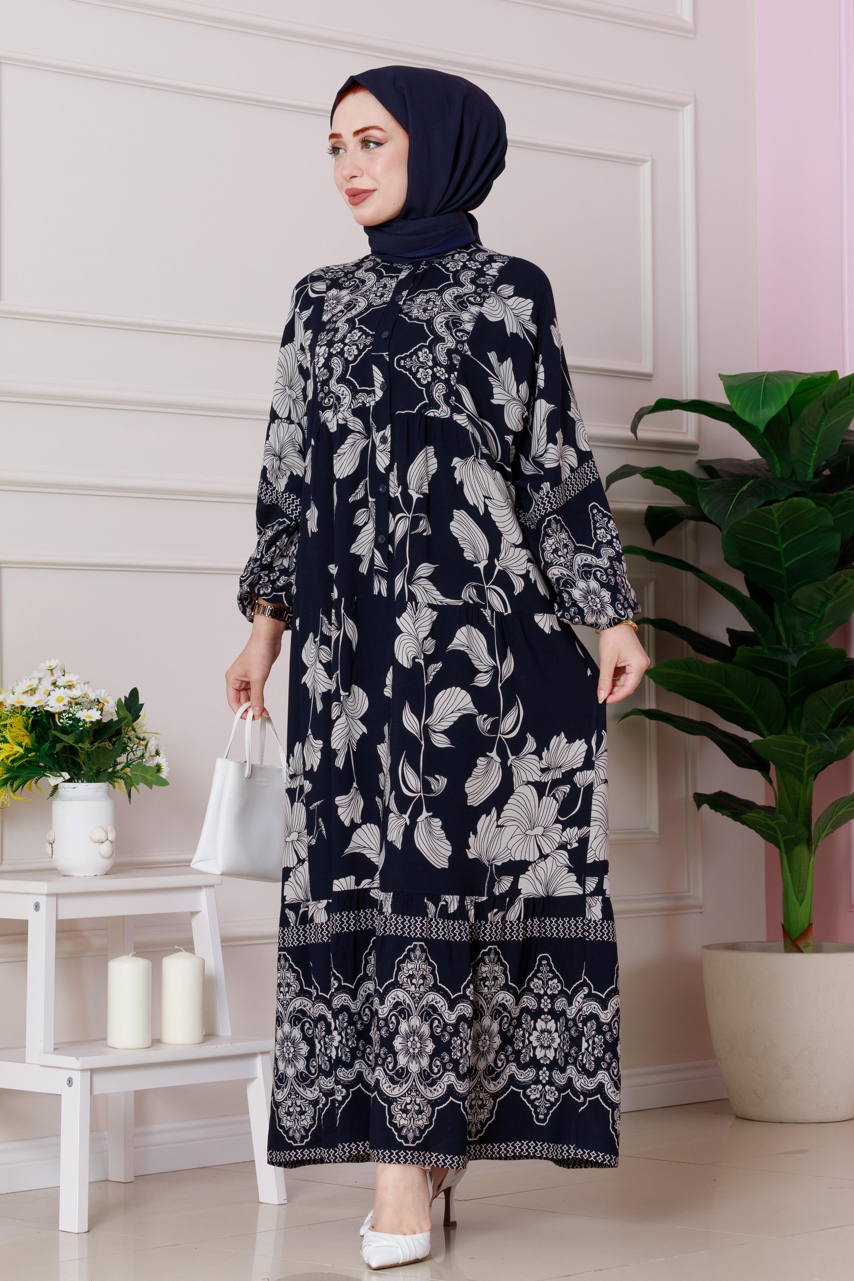 Arya Viscose Half Button Dress - navy blue color