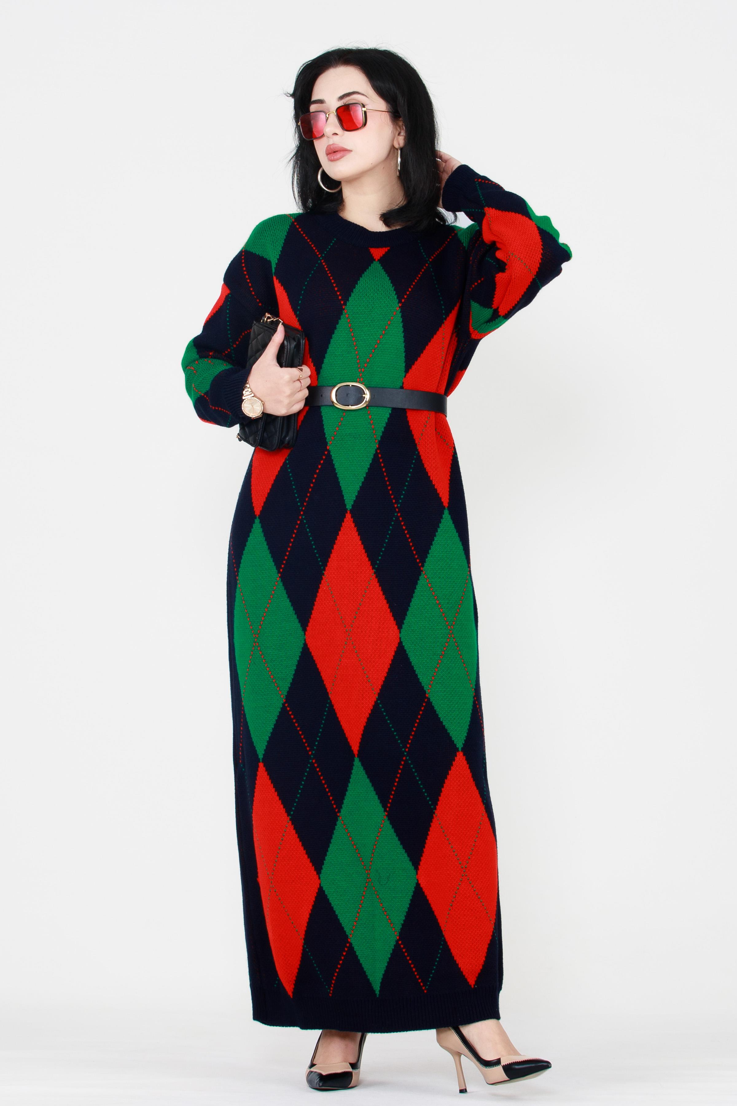 Baklava Pattern Knit Dress-Navy Blue