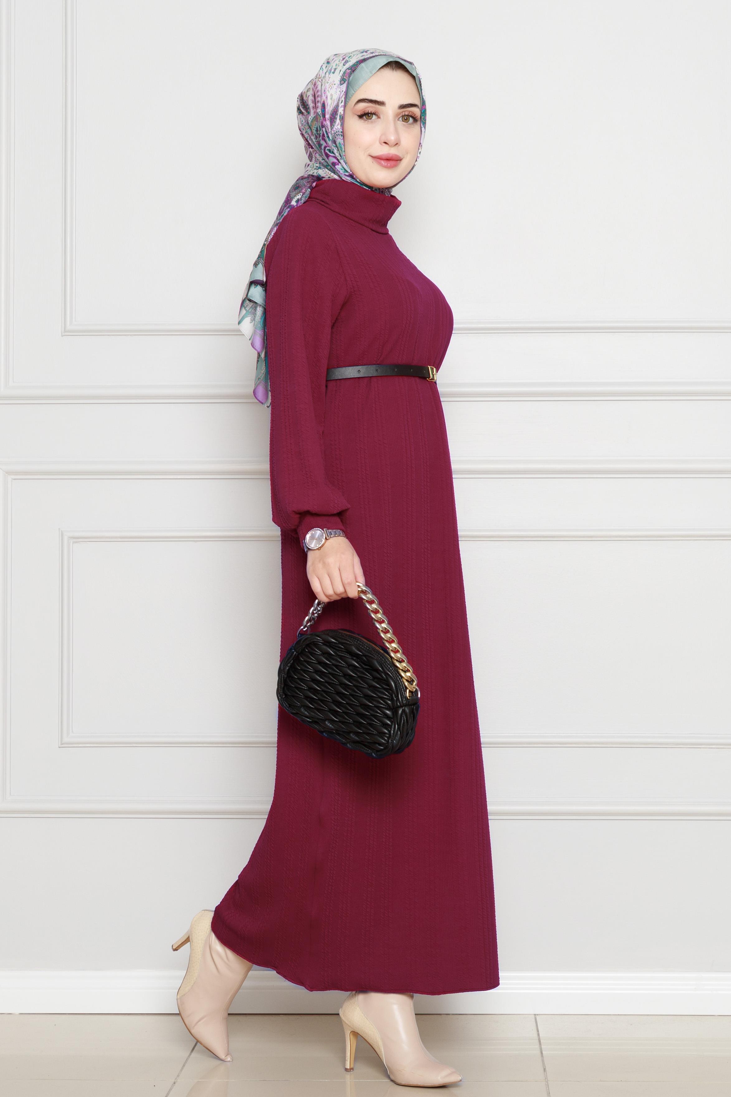 Modern belted dress-burgundy color