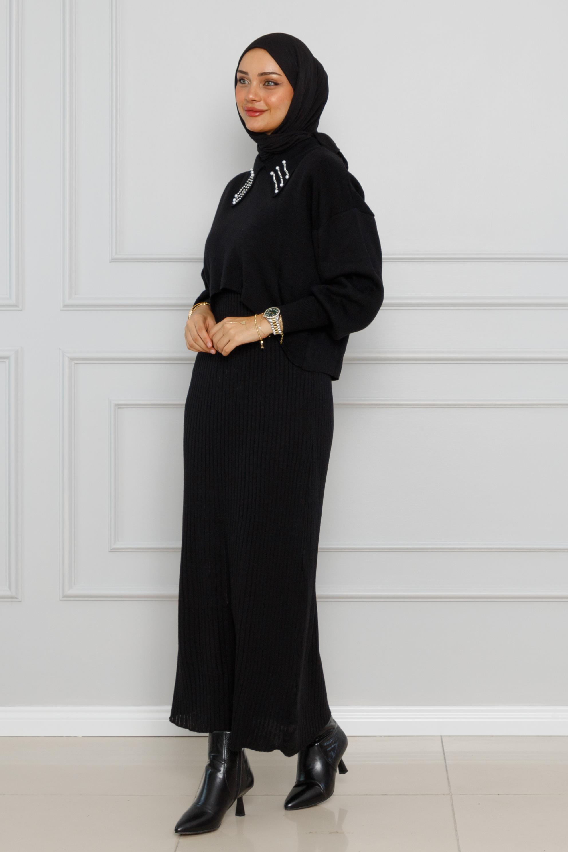 Balloon Sleeve Knitwear sweater dress Set-black color