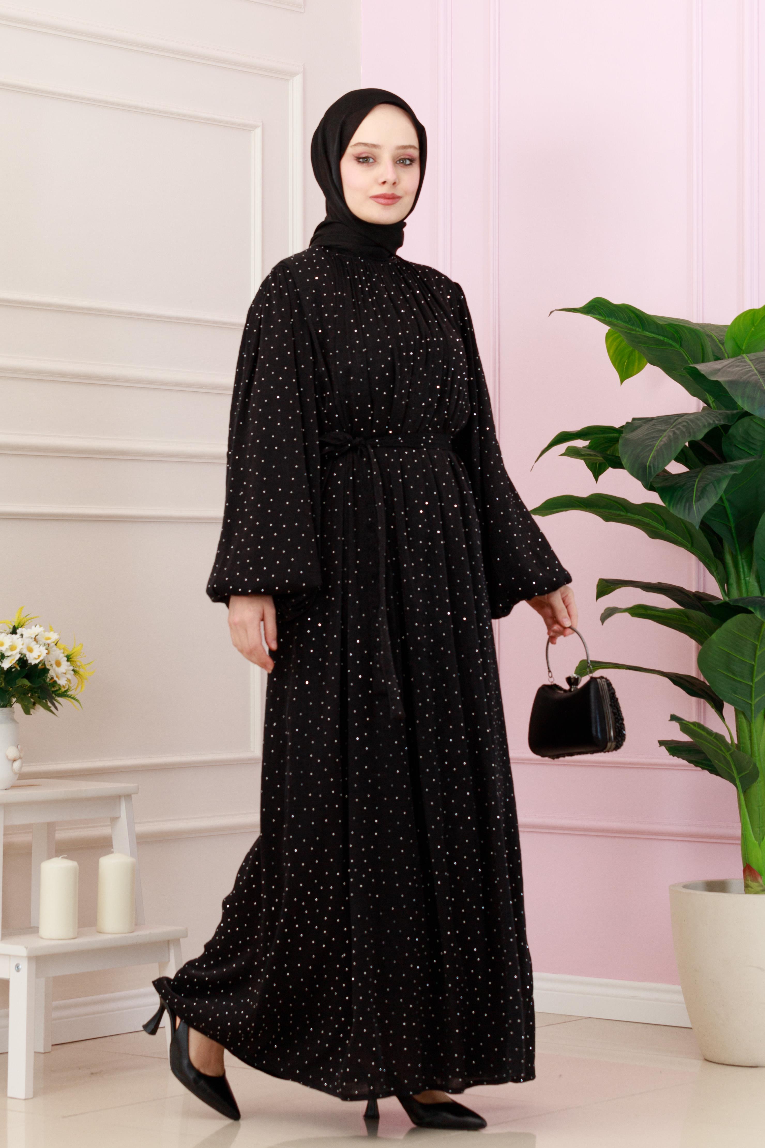 Balloon Sleeve Stoned  Evening Dress-black color