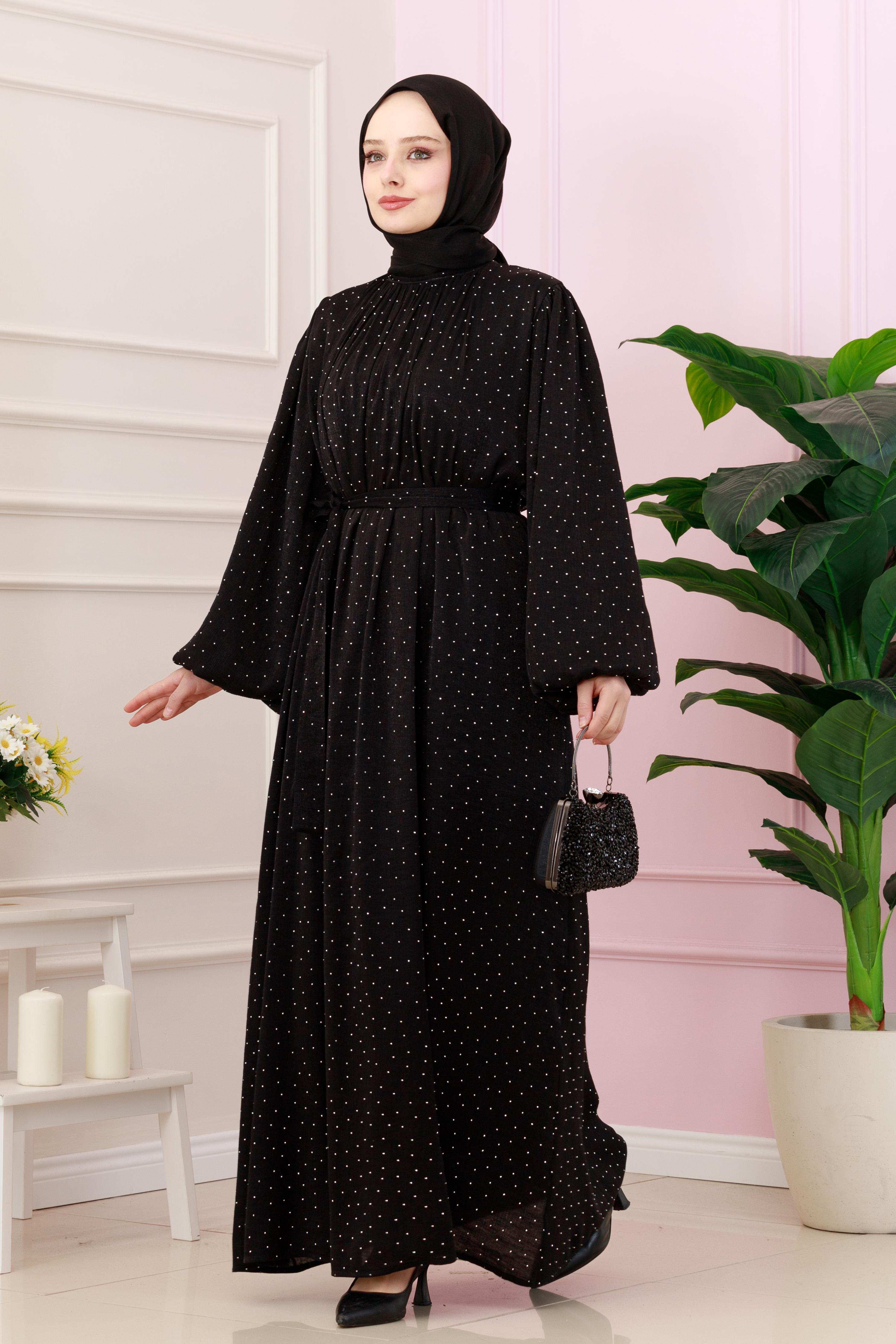 Balloon Sleeve Stoned  Evening Dress-black color