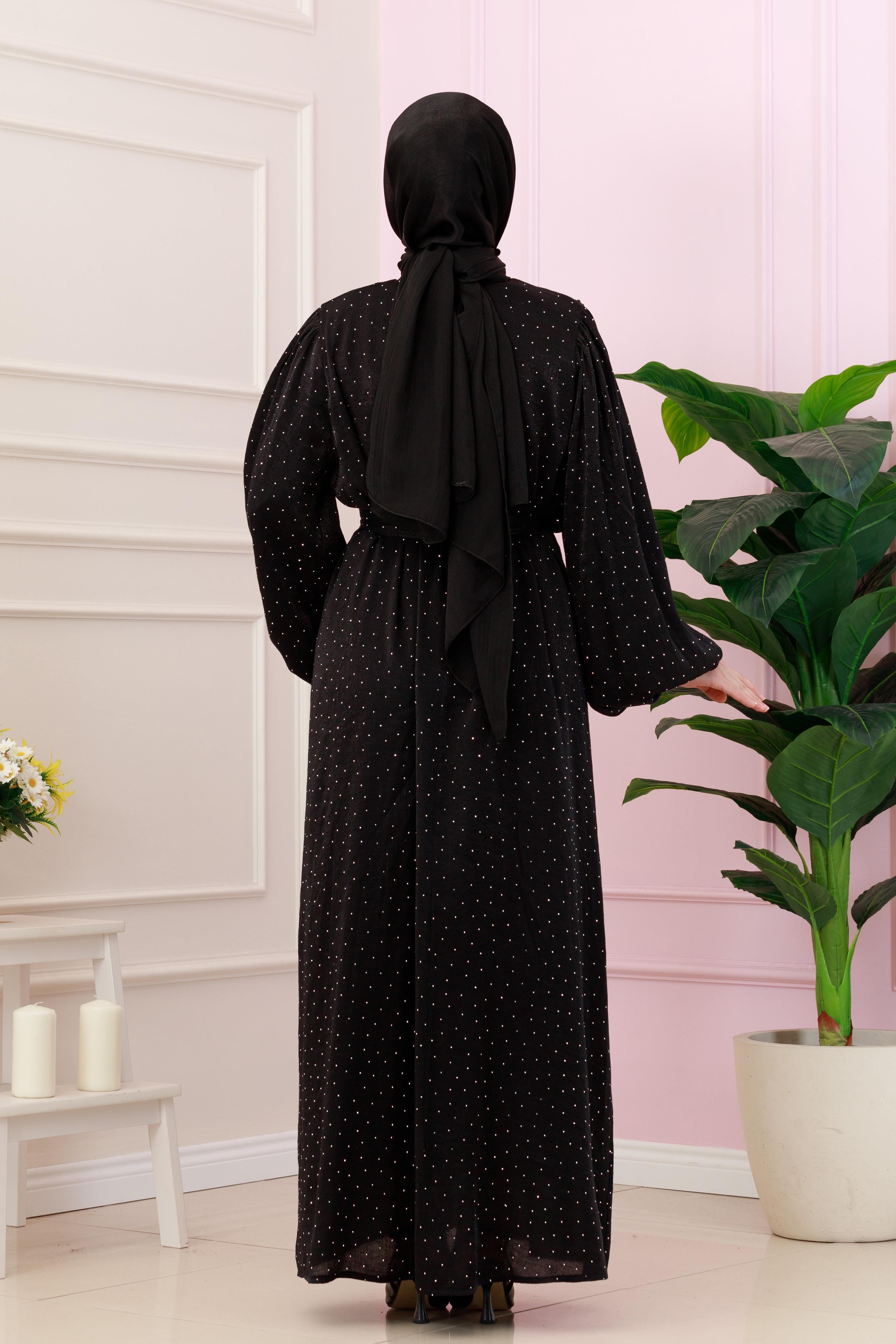 Balloon Sleeve Stoned  Evening Dress-black color